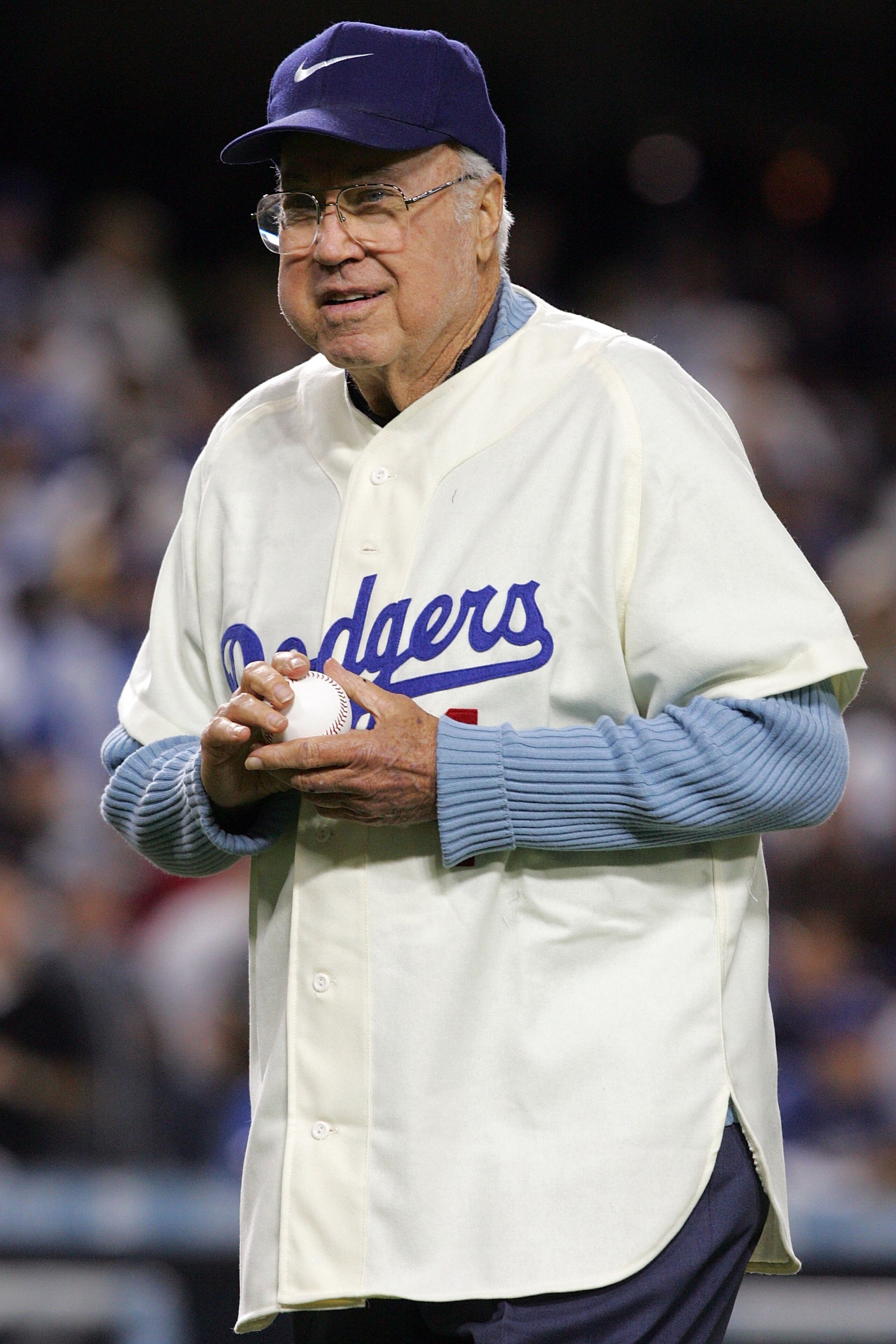 LOS ANGELES, CA - OCTOBER 04:  Former Los Angeles Dodgers great Duke Snider throws out the first pitch before the Dodgers take on the Chicago Cubs in Game Three of the NLDS during the 2008 MLB playoffs on October 4, 2008 at Dodger Stadium in Los Angeles, 