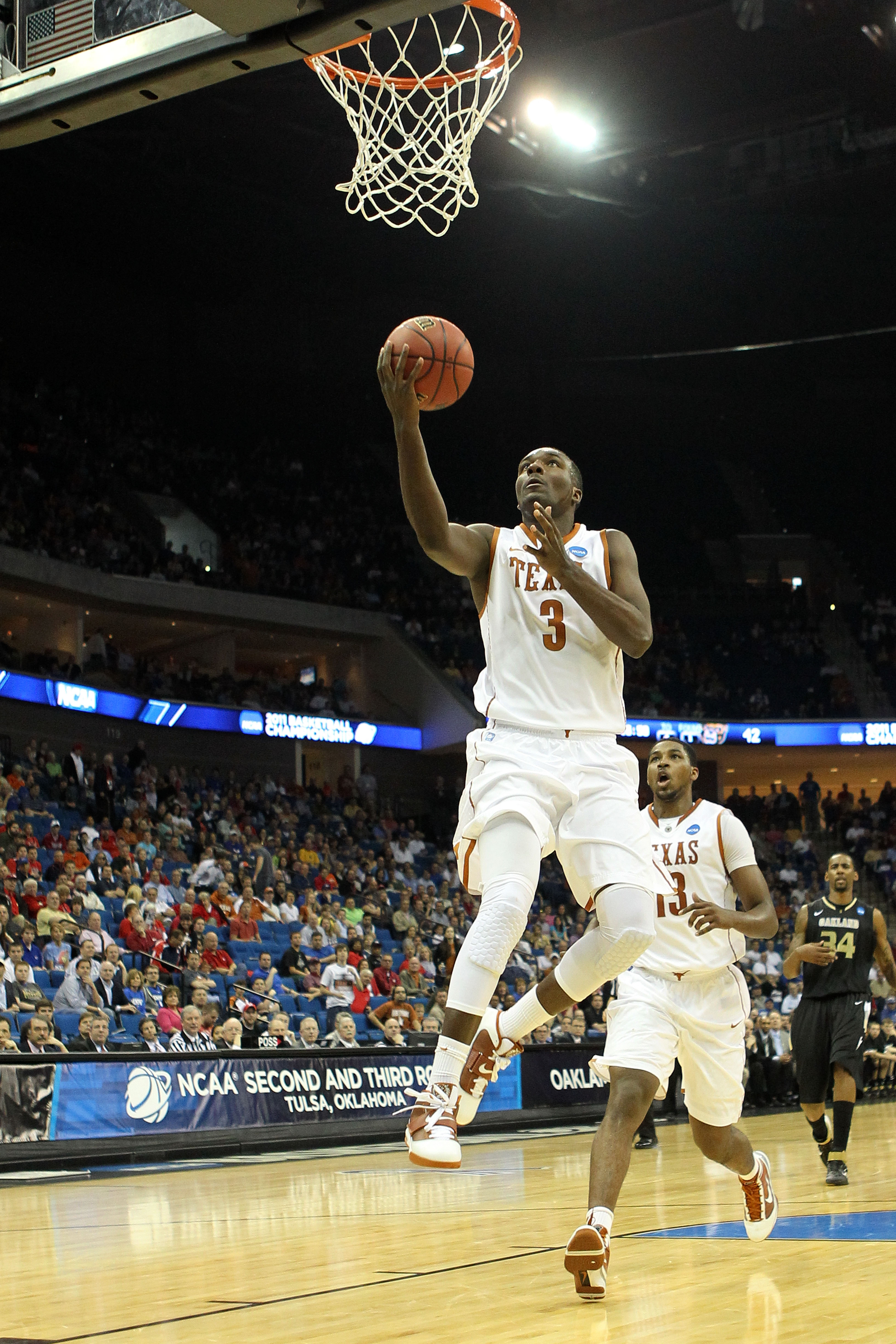 TULSA, OK - MARCH 18:  Jordan Hamilton #3 of the Texas Longhorns goes up for a shot against the Oakland Golden Grizzlies during the second round of the 2011 NCAA men's basketball tournament at BOK Center on March 18, 2011 in Tulsa, Oklahoma.  (Photo by Ro