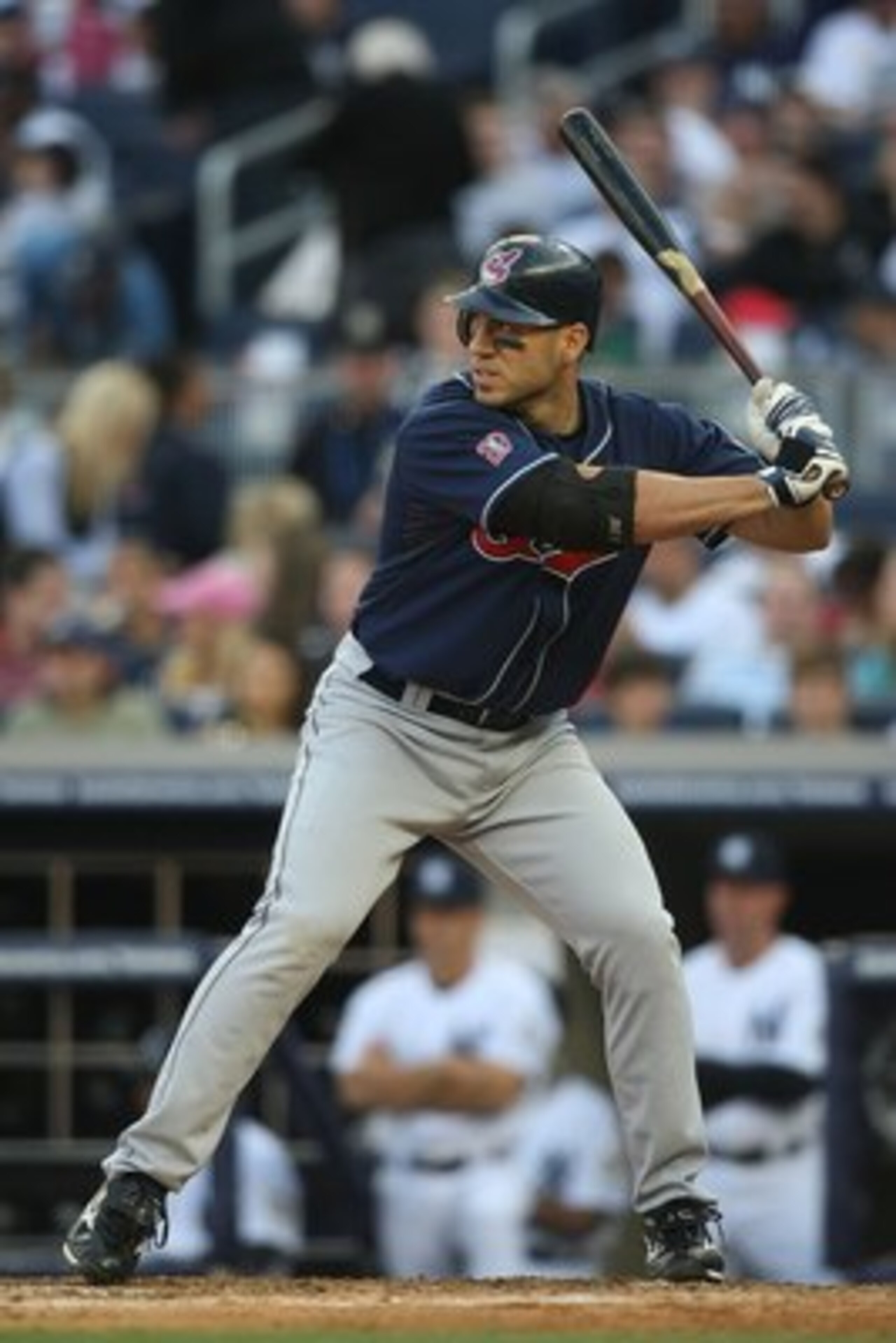 NEW YORK - APRIL 18:  Travis Hafner #48 of the Cleveland Indians at bat against the New York Yankees at Yankee Stadium on April 18, 2009 in the Bronx borough of New York City.  (Photo by Nick Laham/Getty Images)