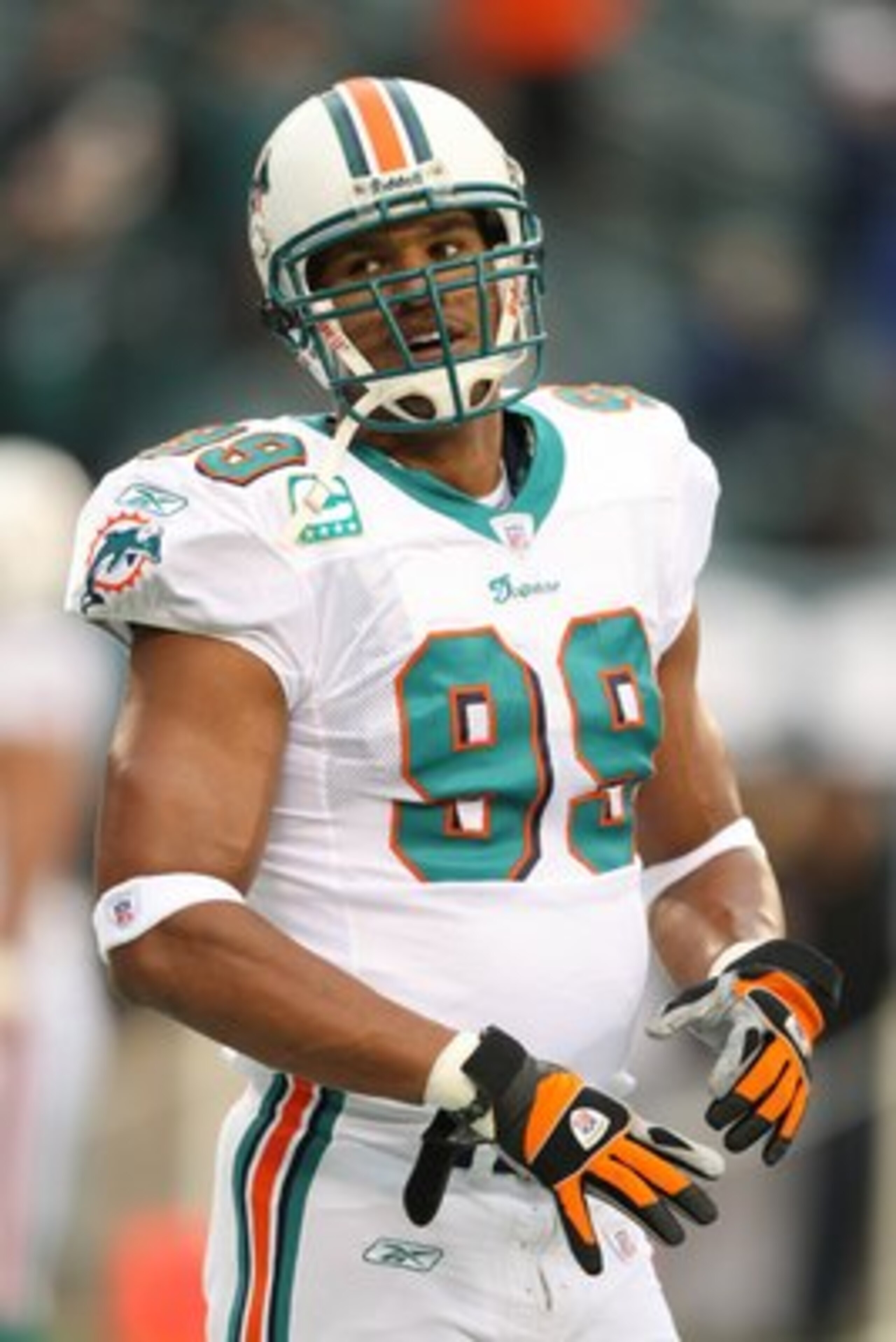 PHILADELPHIA - NOVEMBER 18:  Jason Taylor #99 of the Miami Dolphins looks on during the NFL game against the Philadelphia Eagles at Lincoln Financial Field on November 18, 2007 in Philadelphia, Pennsylvania. (Photo by Al Bello/Getty Images)