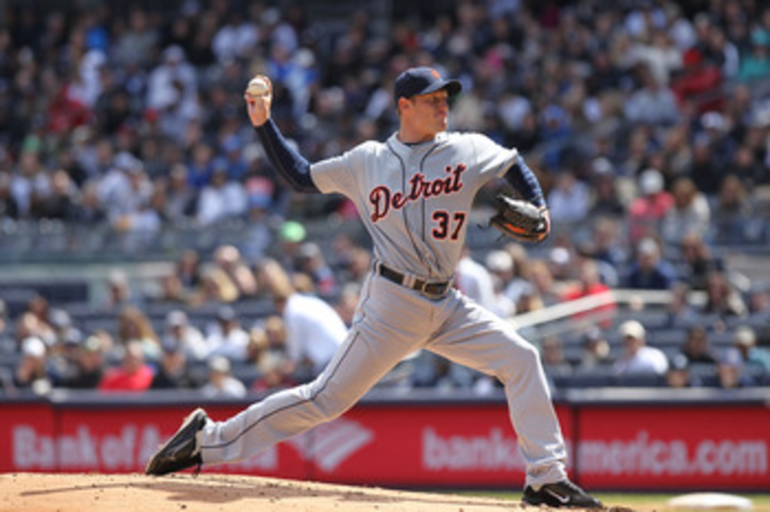 NEW YORK, NY - APRIL 03:  Max Scherzer #37 of the Detroit Tigers pitches against the New York Yankees at Yankee Stadium on April 3, 2011 in the Bronx borough of New York City.  (Photo by Nick Laham/Getty Images)