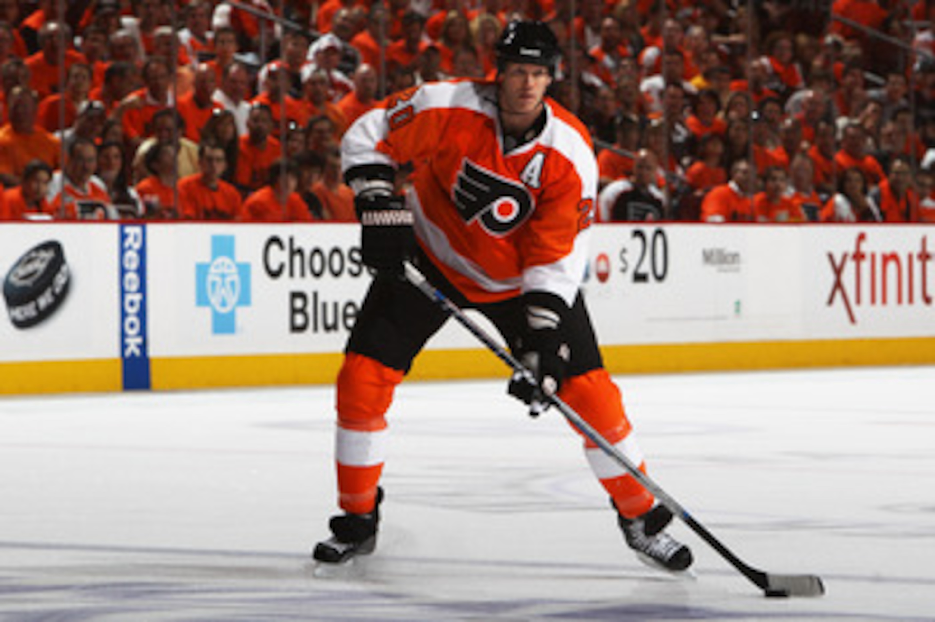 PHILADELPHIA, PA - APRIL 26:  Chris Pronger #20 of the Philadelphia Flyers controls the puck against the Buffalo Sabres in Game Seven of the Eastern Conference Quarterfinals during the 2011 NHL Stanley Cup Playoffs at Wells Fargo Center on April 26, 2011 