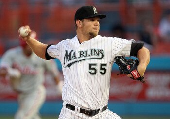 MIAMI GARDENS, FL - MAY 10:  Josh Johnson #55 of the Florida Marlins pitches during a game against the Philadelphia Phillies at Sun Life Stadium on May 10, 2011 in Miami Gardens, Florida.  (Photo by Mike Ehrmann/Getty Images)