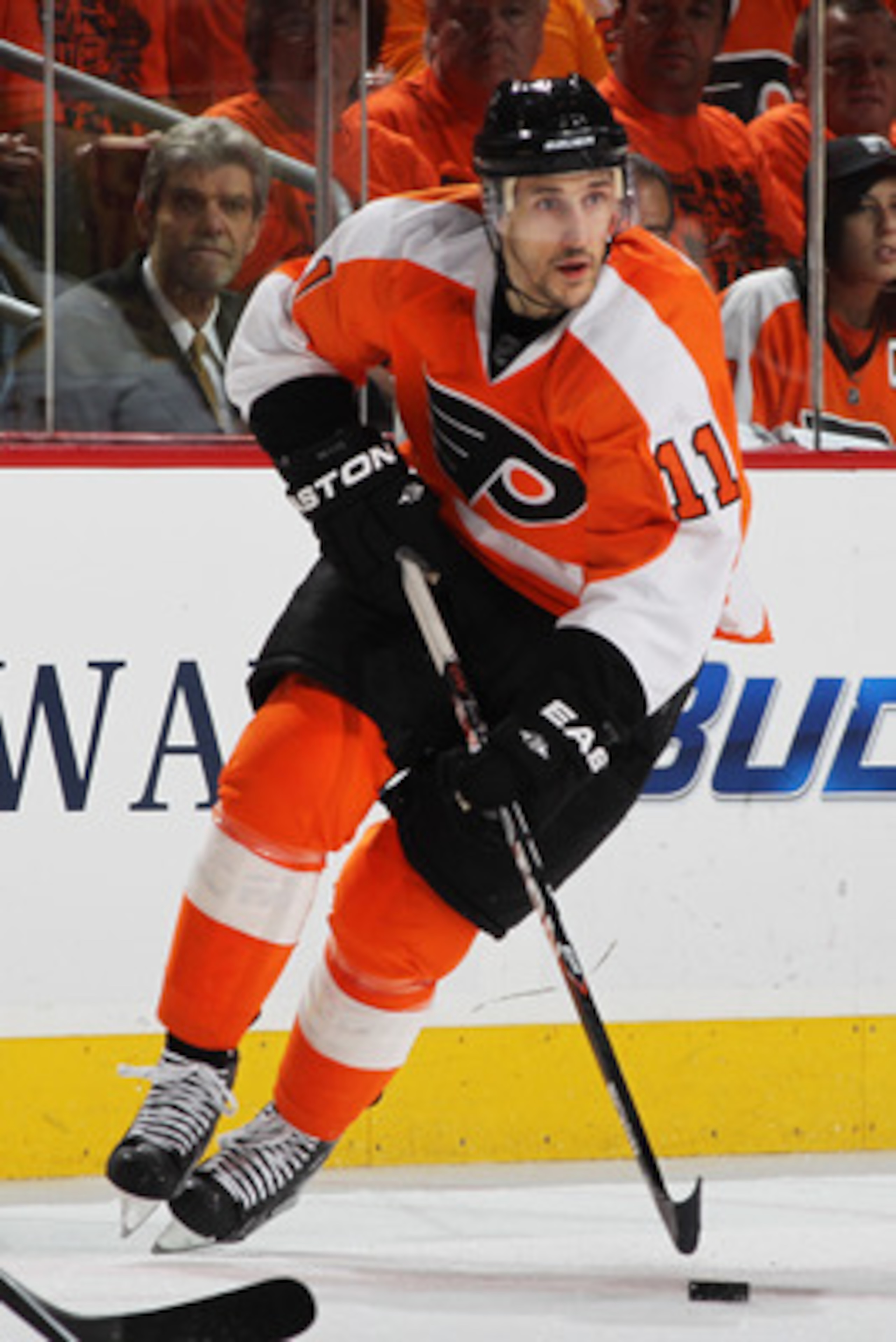 PHILADELPHIA, PA - APRIL 26:  Blair Betts #11 of the Philadelphia Flyers controls the puck against the Buffalo Sabres in Game Seven of the Eastern Conference Quarterfinals during the 2011 NHL Stanley Cup Playoffs at Wells Fargo Center on April 26, 2011 in