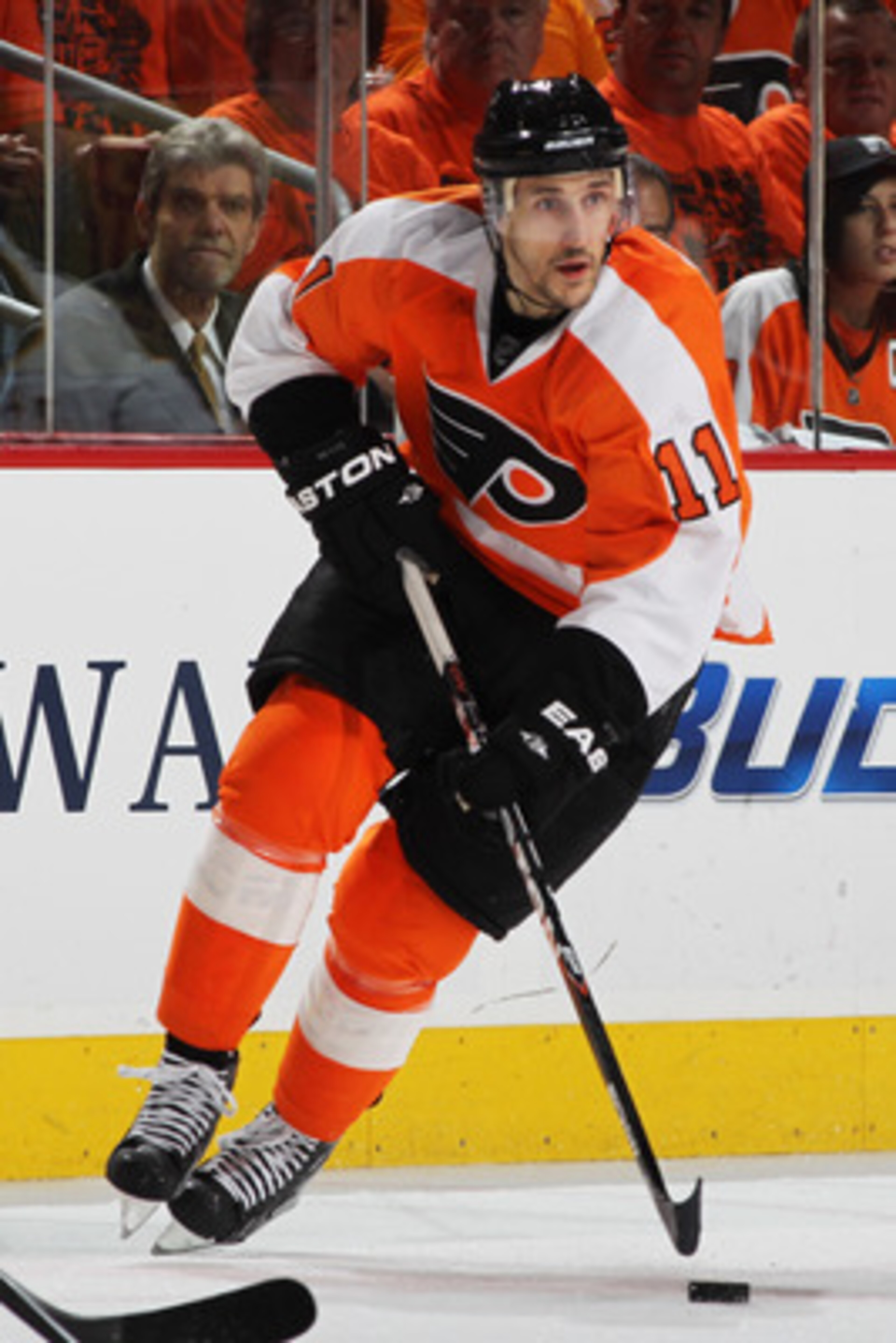 PHILADELPHIA, PA - APRIL 26:  Blair Betts #11 of the Philadelphia Flyers controls the puck against the Buffalo Sabres in Game Seven of the Eastern Conference Quarterfinals during the 2011 NHL Stanley Cup Playoffs at Wells Fargo Center on April 26, 2011 in