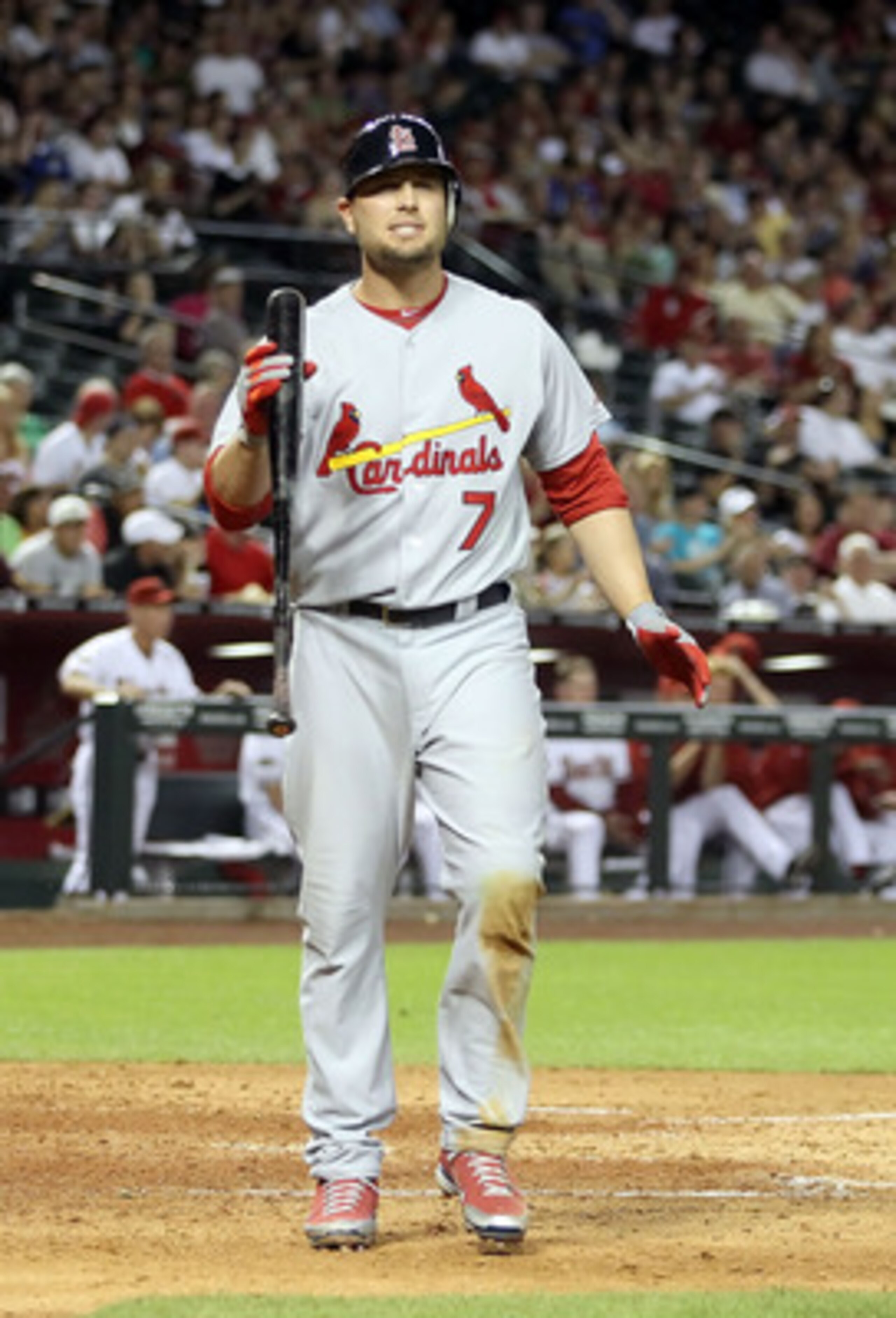 PHOENIX, AZ - APRIL 12:  Matt Holliday #7 of the St. Louis Cardinals reacts after striking out during the Major League Baseball game against the Arizona Diamondbacks at Chase Field on April 12, 2011 in Phoenix, Arizona.  The Diamondbacks defeated the Card