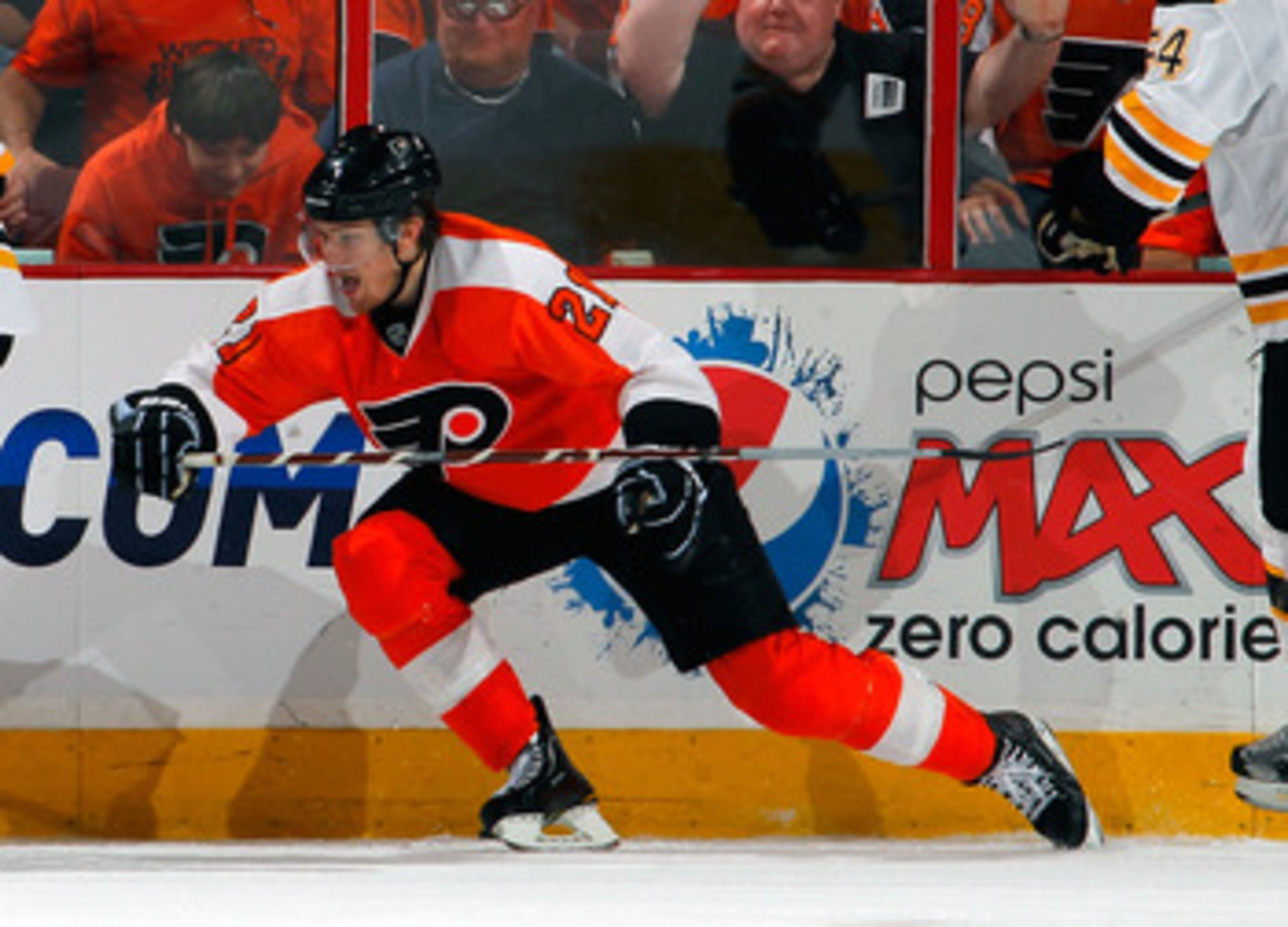 PHILADELPHIA, PA - MAY 02:  James van Riemsdyk #21 of the Philadelphia Flyers skates in Game Two of the Eastern Conference Semifinals against the Boston Bruins during the 2011 NHL Stanley Cup Playoffs at Wells Fargo Center on May 2, 2011 in Philadelphia, 