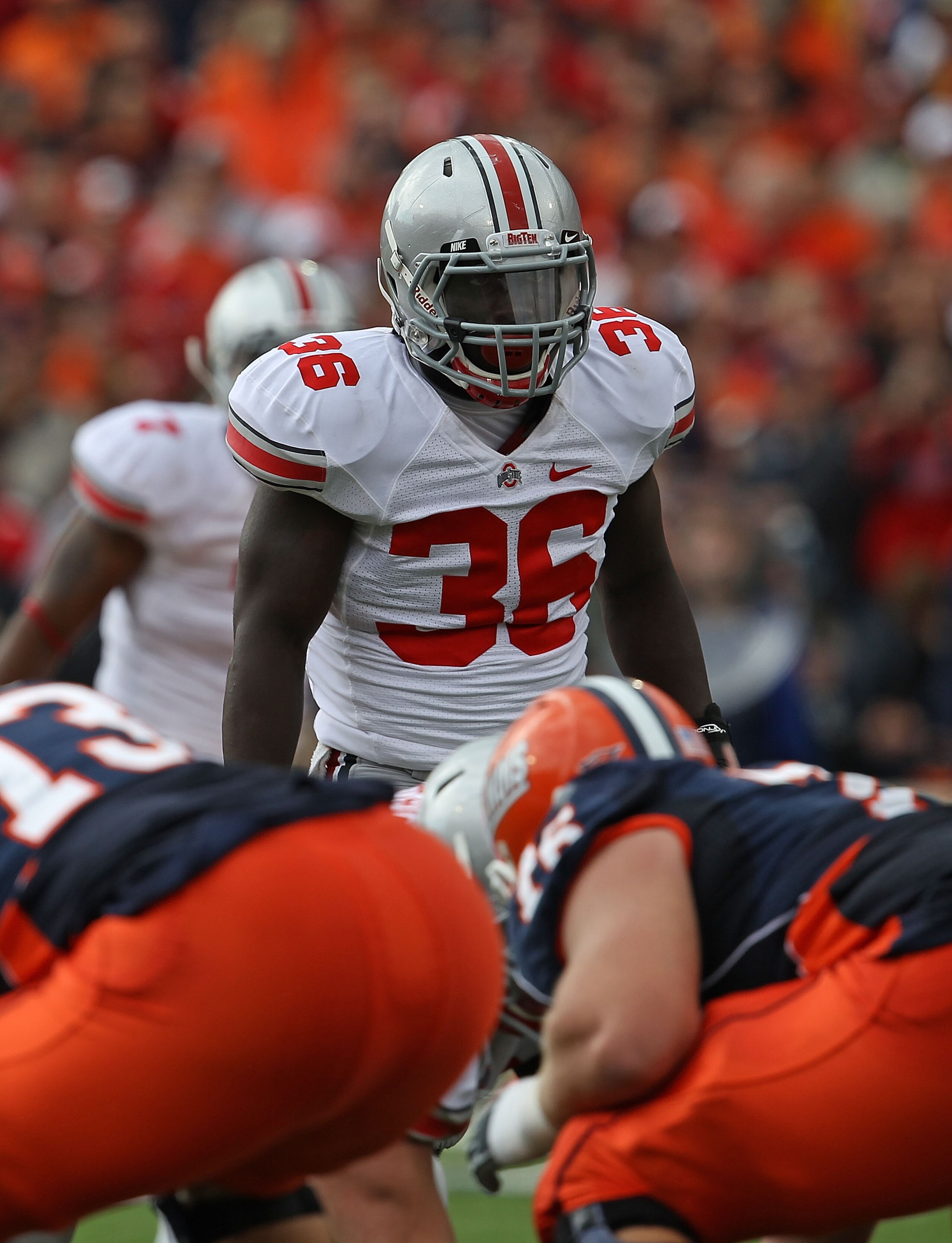 CHAMPAIGN, IL - OCTOBER 02: Brian Rolle #36 of the Ohio State Buckeyes awaits the start of play against the Illinois Fighting Illini at Memorial Stadium on October 2, 2010 in Champaign, Illinois. Ohio State defeated Illinois 24-13. (Photo by Jonathan Dani