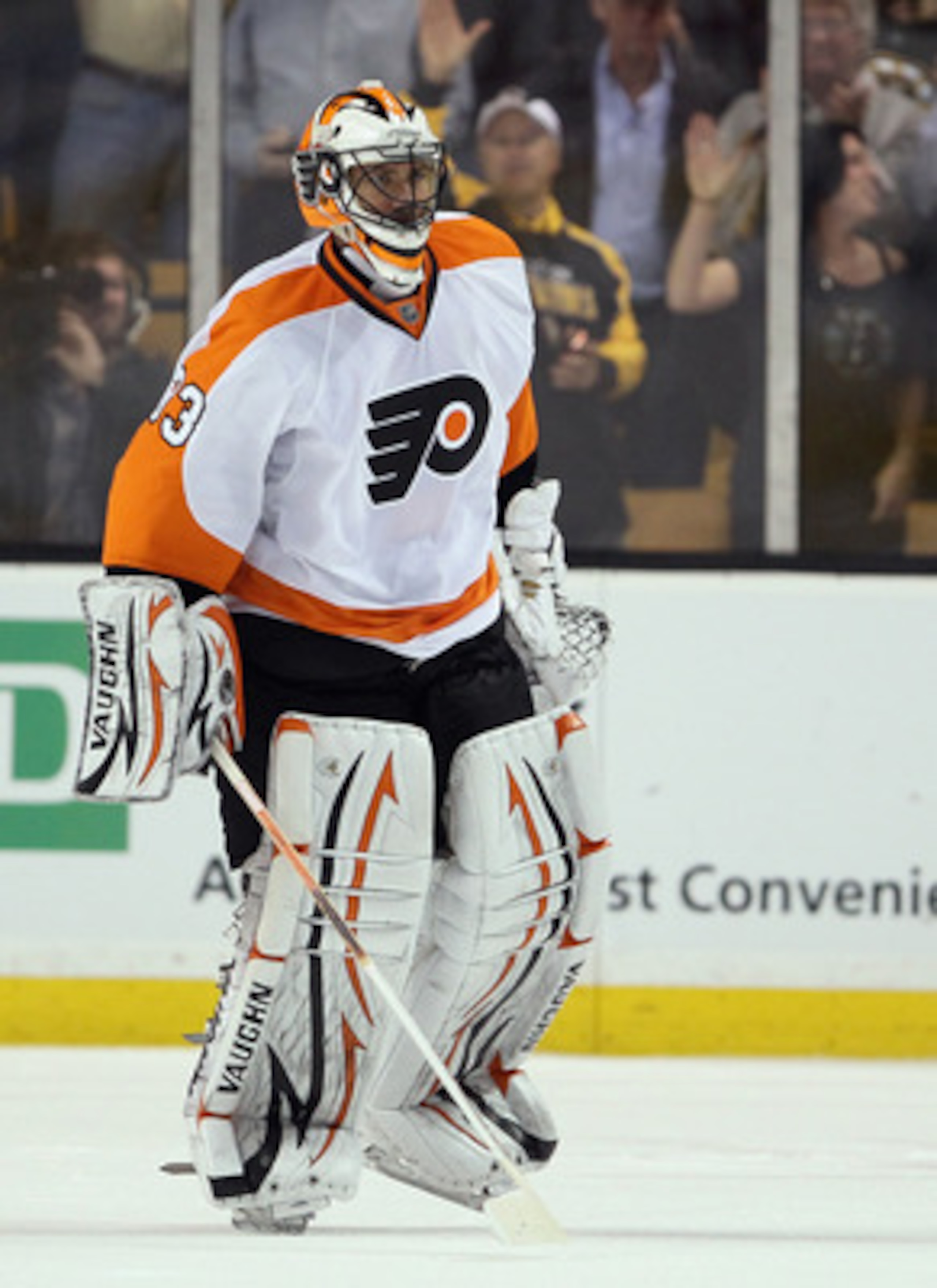 BOSTON, MA - MAY 04:  Brian Boucher #33 of the Philadelphia Flyers is pulled from the game in the second period against the Boston Bruins  in Game Three of the Eastern Conference Semifinals during the 2011 NHL Stanley Cup Playoffs at TD Garden on May 4 , 