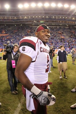 GAINESVILLE, FL - NOVEMBER 13:  Alshon Jeffery #1 of the South Carolina Gamecocks smiles after winning a game against the Florida Gators at Ben Hill Griffin Stadium on November 13, 2010 in Gainesville, Florida. The Gamecocks beat the Gators 36-14.  (Photo