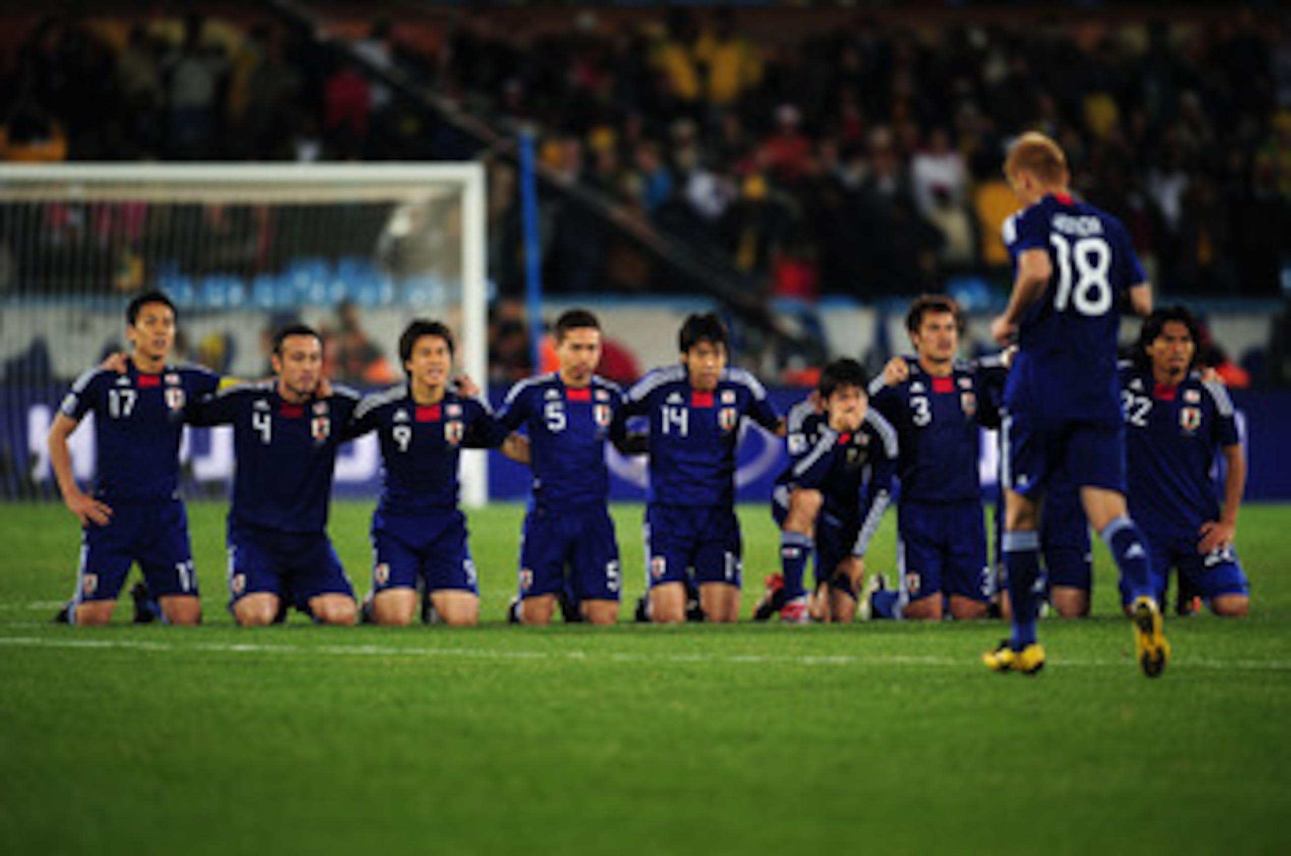 PRETORIA, SOUTH AFRICA - JUNE 29:  The Japan team line up as they prepare for a penalty shoot-out during the 2010 FIFA World Cup South Africa Round of Sixteen match between Paraguay and Japan at Loftus Versfeld Stadium on June 29, 2010 in Pretoria, South