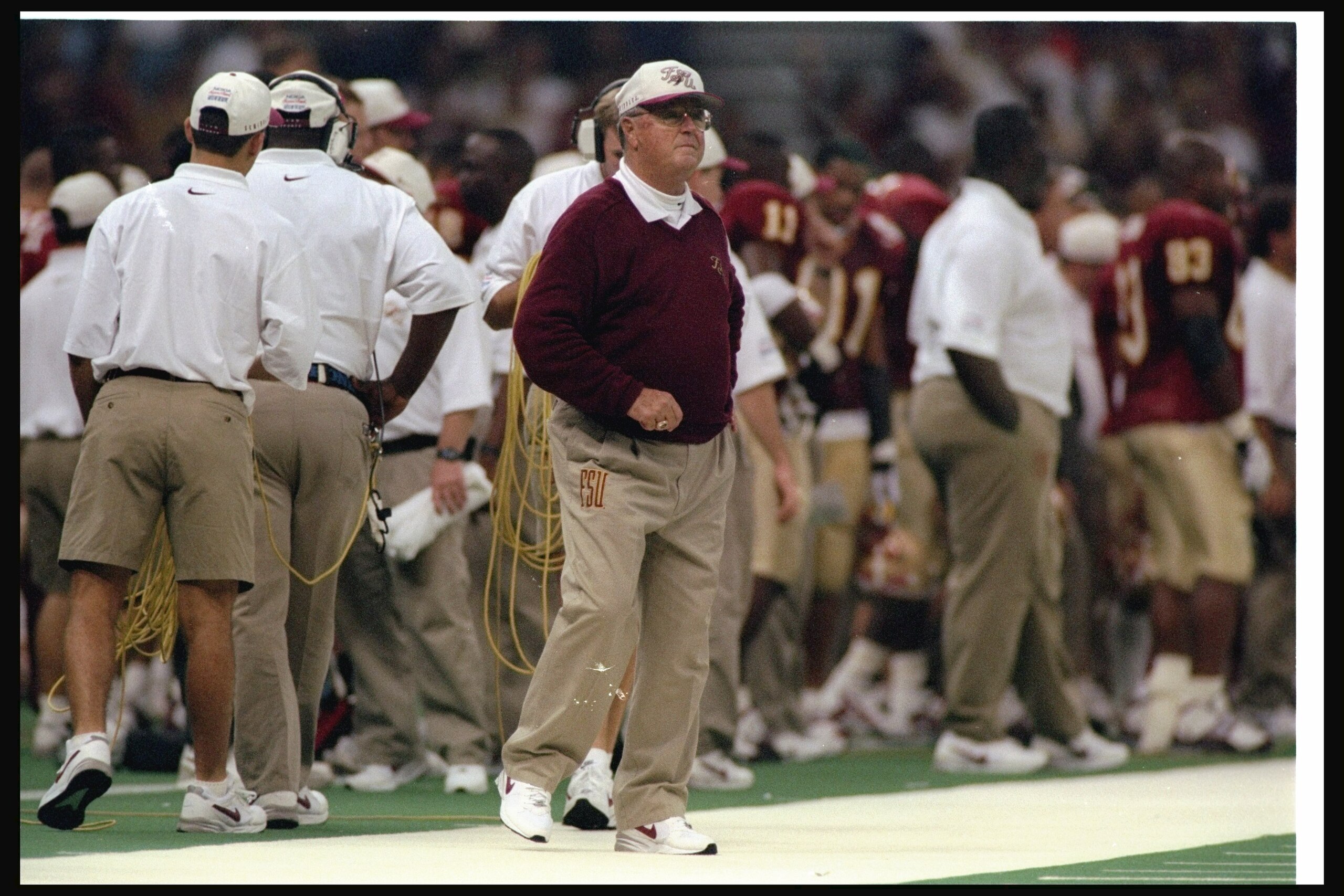2 Jan 1997: Florida State Seminoles head coach Bobby Bowden looks on during the Nokia Sugar Bowl against the Florida Gators at the Superdome in New Orleans, Louisiana. Florida won the game, 52-20. 2 Jan 1997: Florida State Seminoles head coach Bobby Bowden looks on during the Nokia Sugar Bowl against the Florida Gators at the Superdome in New Orleans, Louisiana. Florida won the game, 52-20.