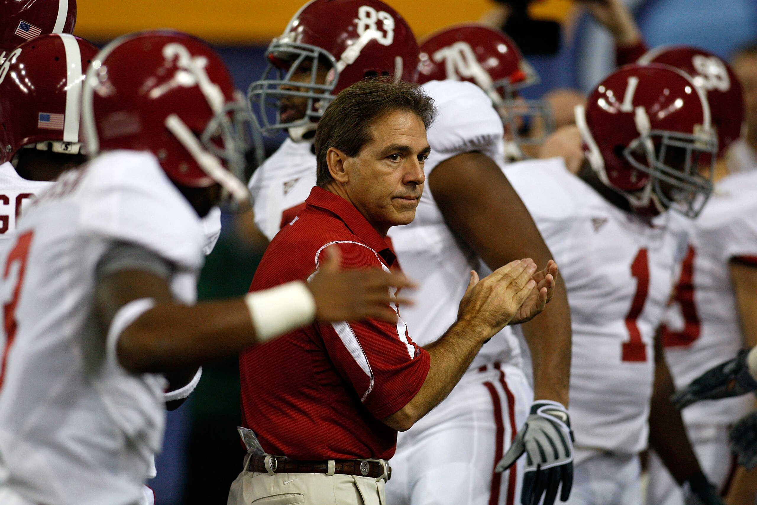 ATLANTA - DECEMBER 06: Head coach Nick Saban of the Alabama Crimson Tide waits for his team to take the field before playing the Florida Gators for the SEC Championship on December 6, 2008 at the Georgia Dome in Atlanta, Georgia. (Photo by Chris Graythe ATLANTA - DECEMBER 06: Head coach Nick Saban of the Alabama Crimson Tide waits for his team to take the field before playing the Florida Gators for the SEC Championship on December 6, 2008 at the Georgia Dome in Atlanta, Georgia. (Photo by Chris Graythe