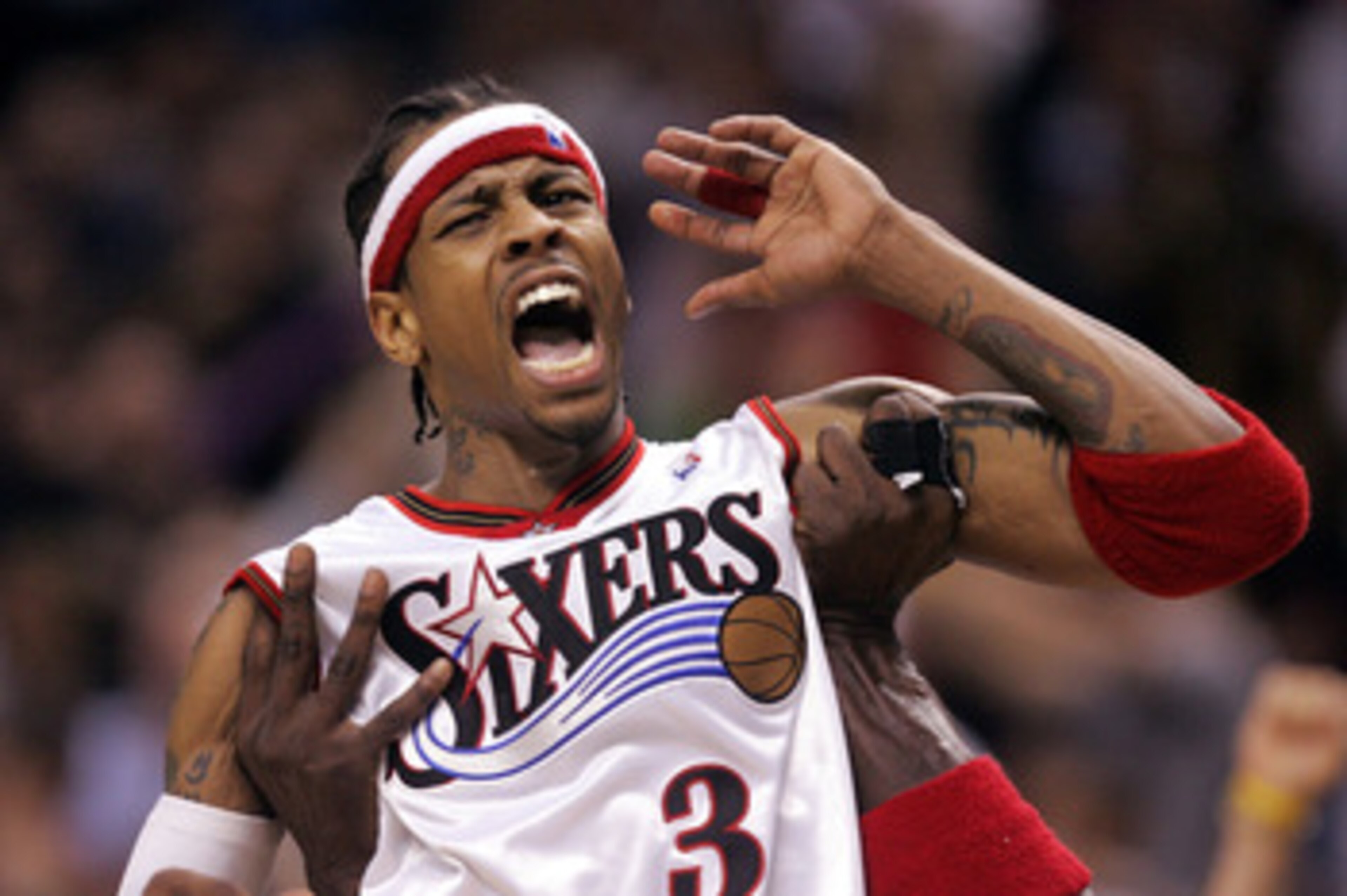 PHILADELPHIA - APRIL 29:  Allen Iverson #3 of the Philadelphia 76ers celebrates after hitting a shot late in the game against the Detroit Pistons in Game three of the Eastern Conference Quarterfinals during the 2005 NBA Playoffs at Wachovia Center on Apri