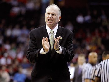 CLEVELAND, OH - MARCH 18: Head coach Jim Larranaga of the George Mason Patriots claps from the bench during the game against the Villanova Wildcats during the second round of the 2011 NCAA men's basketball tournament at Quicken Loans Arena on March 18, 20