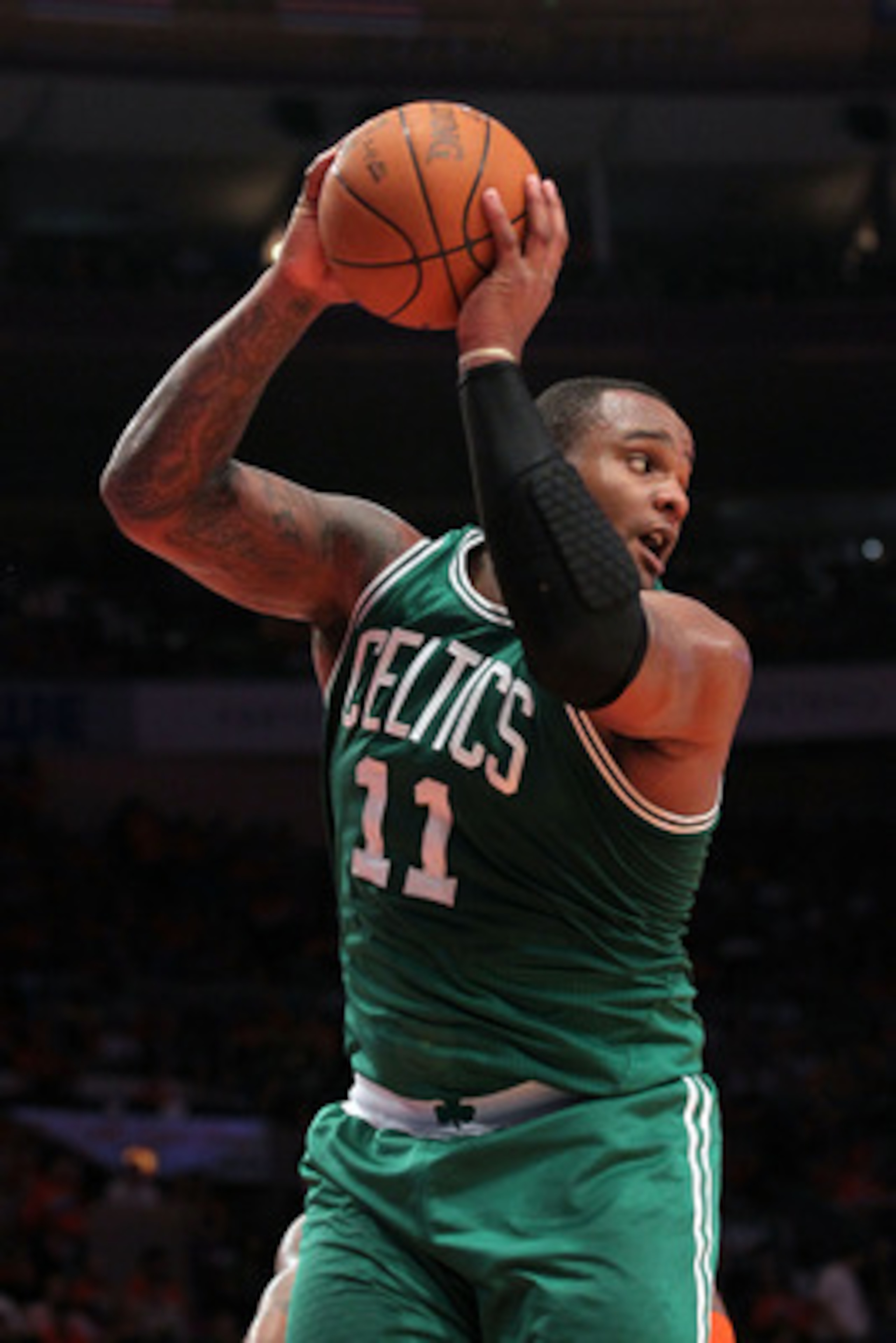 NEW YORK, NY - APRIL 24:  Glen Davis #11 of the Boston Celtics controls a rebound against the New York Knicks in Game Four of the Eastern Conference Quarterfinals during the 2011 NBA Playoffs on April 24, 2011 at Madison Square Garden in New York City. Th