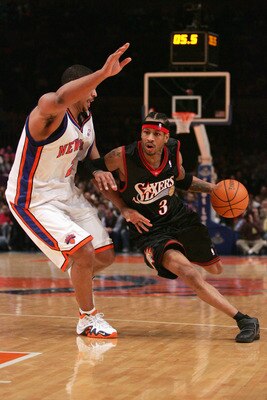 NEW YORK - NOVEMBER 26:  Allen Iverson #3 of the Philadelphia 76ers drives around Maurice Taylor #2 of the New York Knicks during a game at Madison Square Garden on November 26, 2005 in New York, New York.  The Knicks won 105-102.  NOTE TO USER: User expr