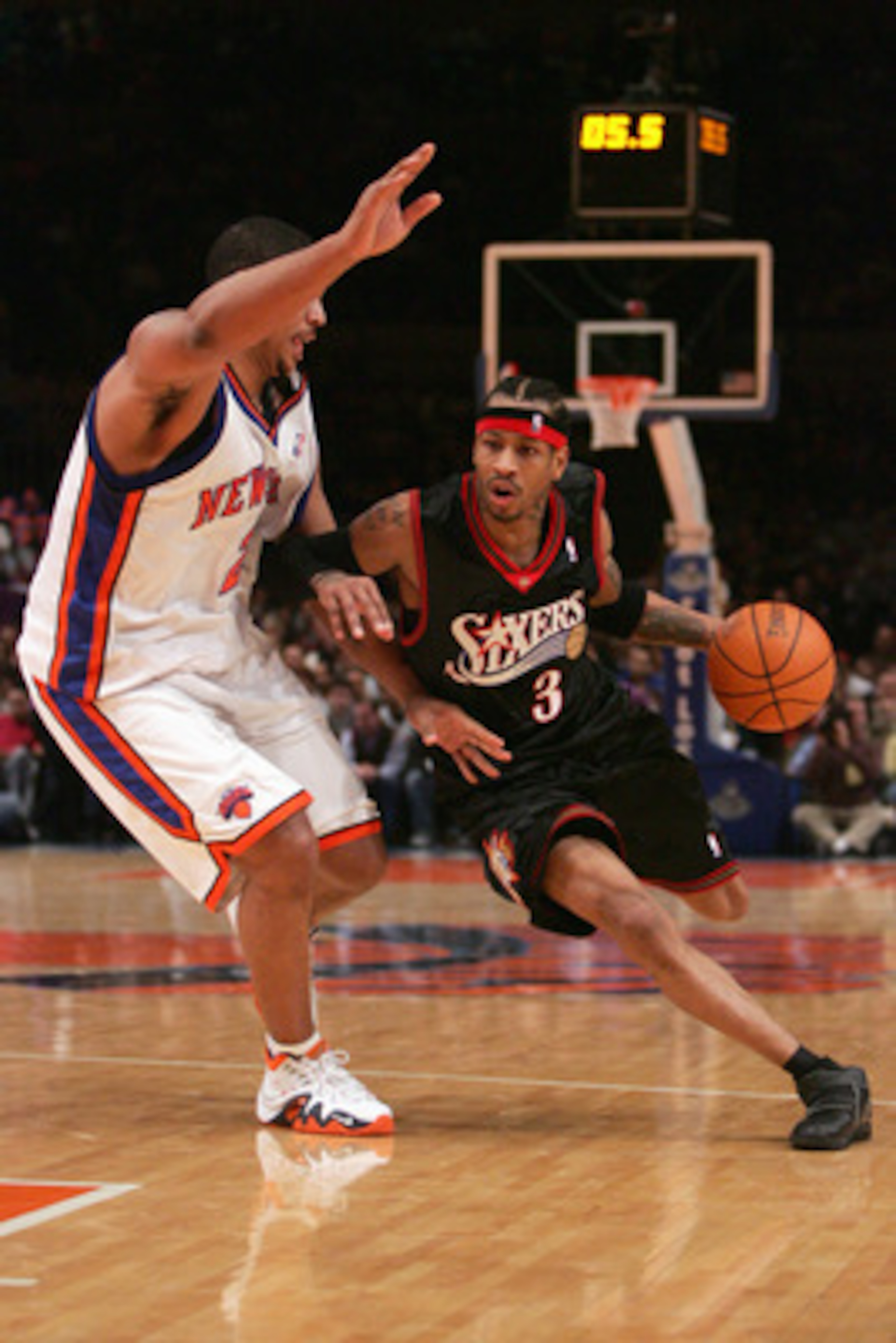 NEW YORK - NOVEMBER 26:  Allen Iverson #3 of the Philadelphia 76ers drives around Maurice Taylor #2 of the New York Knicks during a game at Madison Square Garden on November 26, 2005 in New York, New York.  The Knicks won 105-102.  NOTE TO USER: User expr