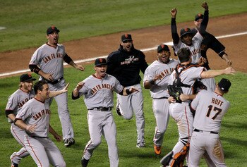 ARLINGTON, TX - NOVEMBER 01:  The San Francisco Giants including Mark DeRosa and Aubrey Huff celebrate their 3-1 victory to win the World Series over the Texas Rangers in Game Five of the 2010 MLB World Series at Rangers Ballpark in Arlington on November
