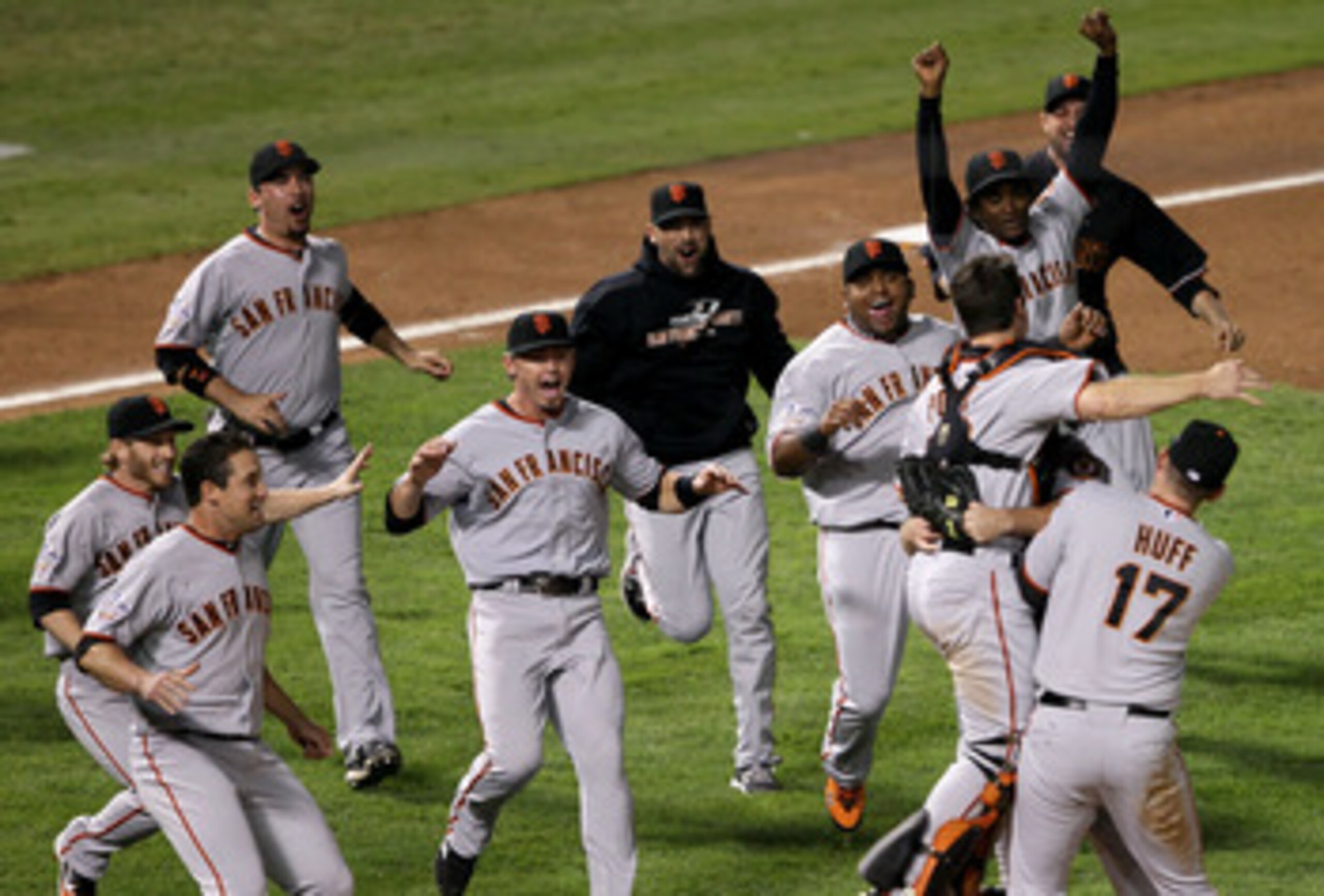 ARLINGTON, TX - NOVEMBER 01:  The San Francisco Giants including Mark DeRosa and Aubrey Huff celebrate their 3-1 victory to win the World Series over the Texas Rangers in Game Five of the 2010 MLB World Series at Rangers Ballpark in Arlington on November