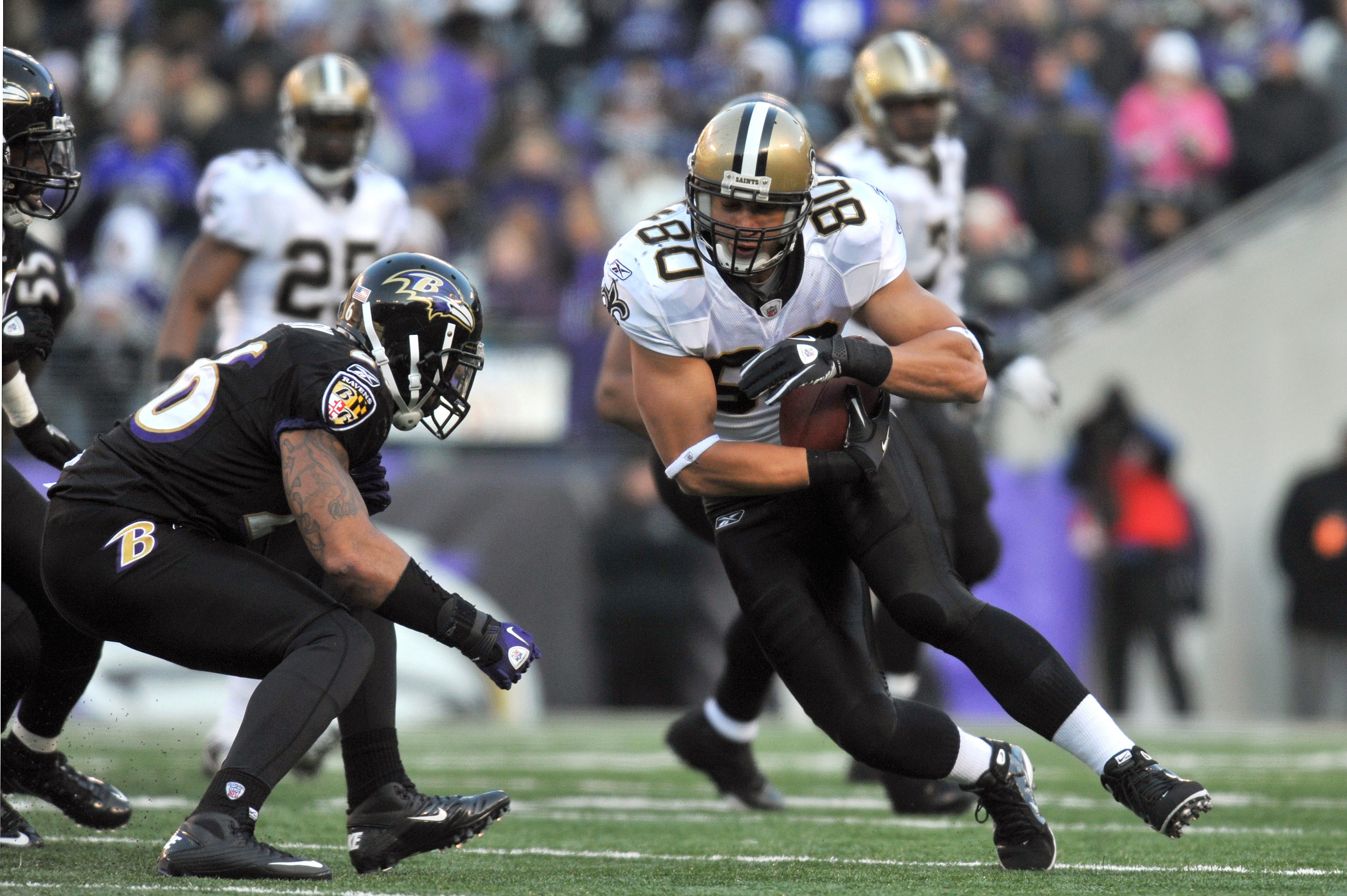 BALTIMORE, MD - DECEMBER 19: Jimmy Graham #80 of the New Orleans Saints runs the ball after a catch against the Baltimore Ravens at M&T Bank Stadium on December 19, 2010 in Baltimore, Maryland. The Ravens defeated the Saints 30-24. (Photo by Larry Frenc BALTIMORE, MD - DECEMBER 19: Jimmy Graham #80 of the New Orleans Saints runs the ball after a catch against the Baltimore Ravens at M&T Bank Stadium on December 19, 2010 in Baltimore, Maryland. The Ravens defeated the Saints 30-24. (Photo by Larry Frenc