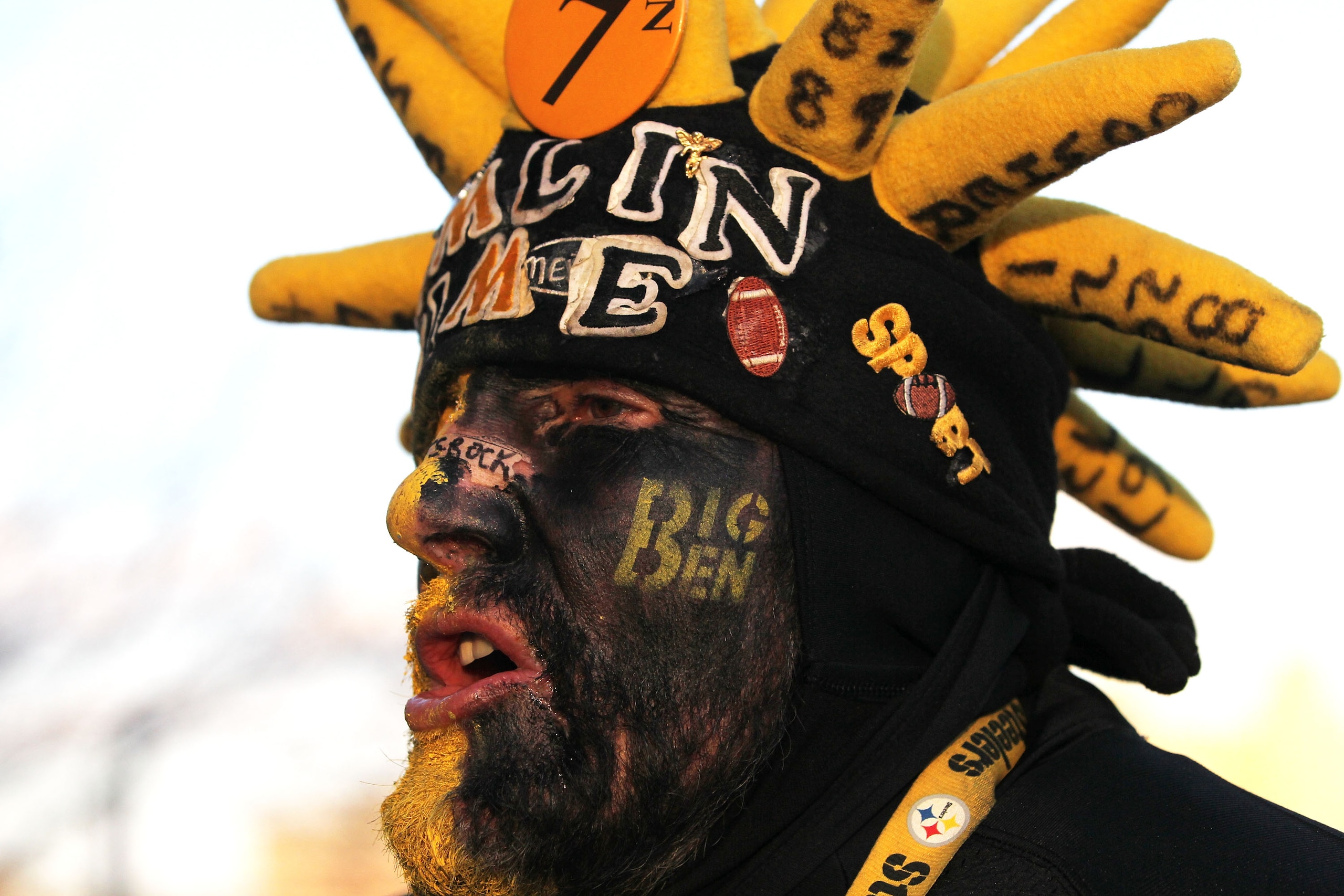 PITTSBURGH, PA - JANUARY 23:  Pittsburgh Steelers fan Don Galla of Hagerstown, Maryland poses for a photo prior to their 2011 AFC Championship game against the New York Jets at Heinz Field on January 23, 2011 in Pittsburgh, Pennsylvania.  (Photo by Ronald