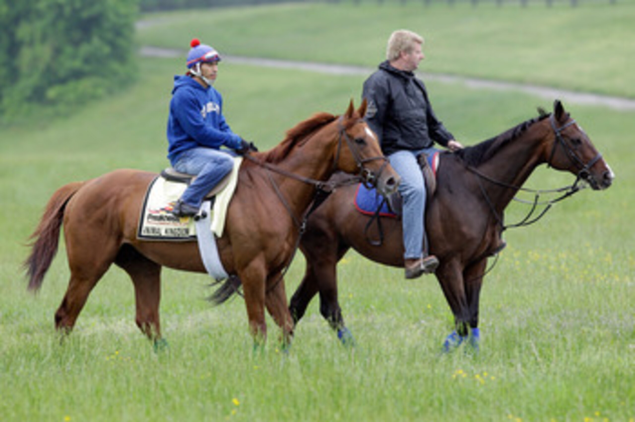 ELKTON, MD - MAY 17:  Exercise rider David Nava takes Kentucky Derby winner and Preakness entrant Animal Kingdom (L) back to the barn with assistant trainer David Rock (R) after training at the Fair Hill Training Center on May 17, 2011 in Elkton, Maryland