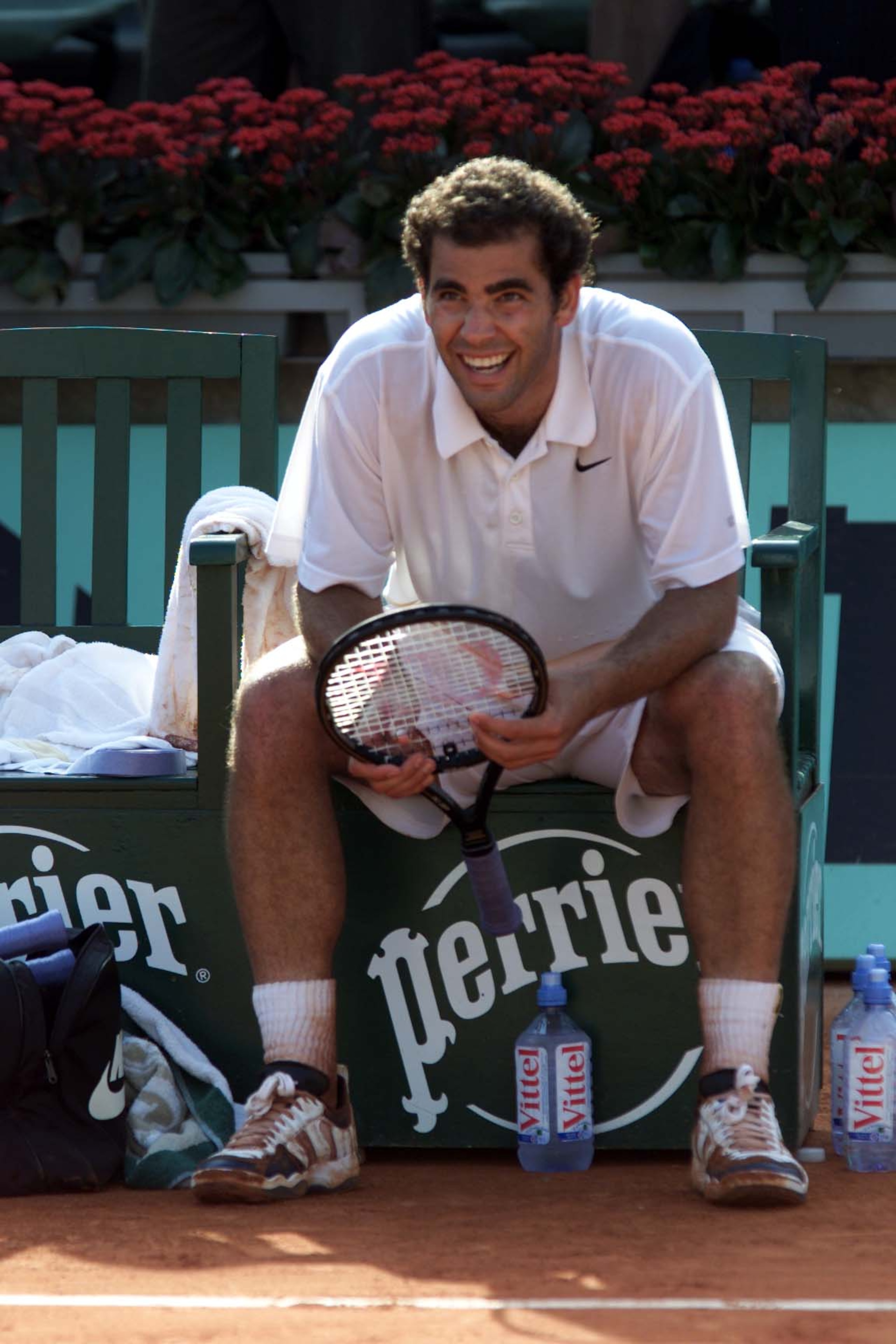 29 May 2001:  Pete Sampras of the USA celebrates after winning  his first round match against Cedric Kauffmann of France during the French Open Tennis at Roland Garros, Paris, France....DIGITAL IMAGE. Mandatory Credit: Alex Livesey/ALLSPORT