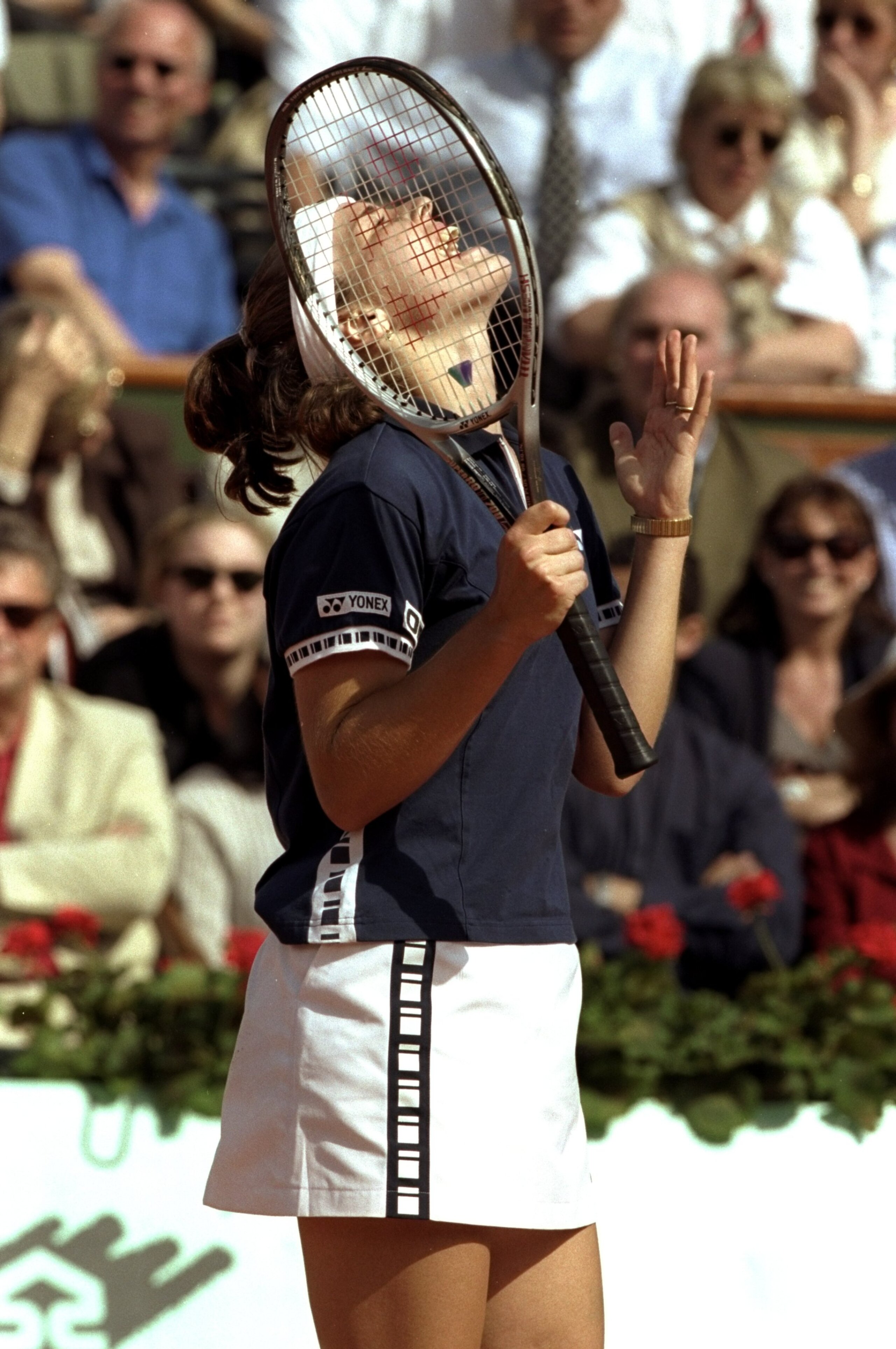 5 Jun 1999:  Martina Hingis of Switzerland despairs after losing during the 1999 French Open Final match against Steffi Graf of Germany played at Roland Garros in Paris, France.  The match finished with Steffi Graf of Germany clinching the title after adr