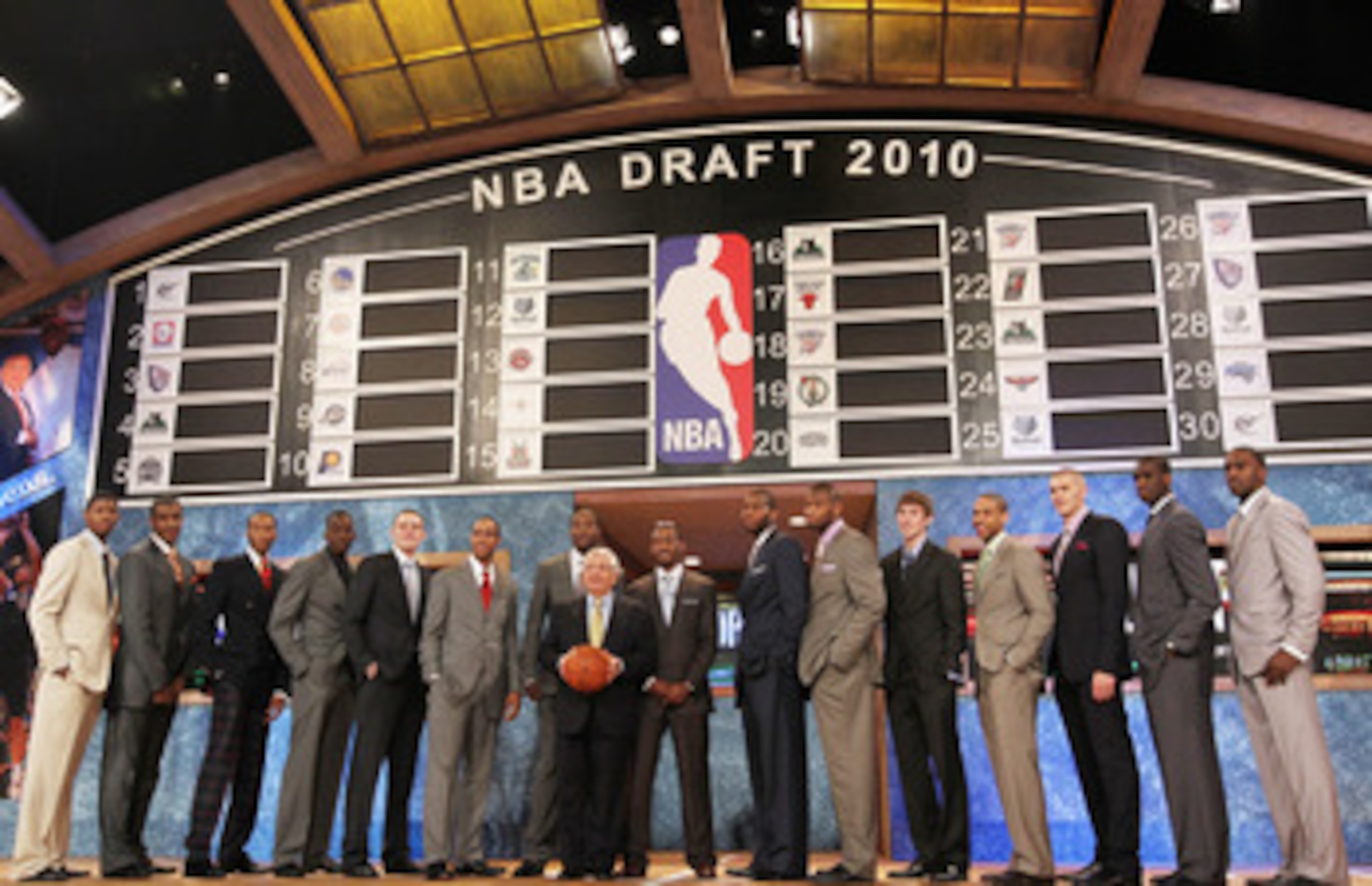 NEW YORK - JUNE 24:  NBA Draft prospects stand with NBA Commisioner David Stern prior to the NBA Draft at Madison Square Garden on June 24, 2010 in New York City. NOTE TO USER: User expressly acknowledges and agrees that, by downloading and or using this 