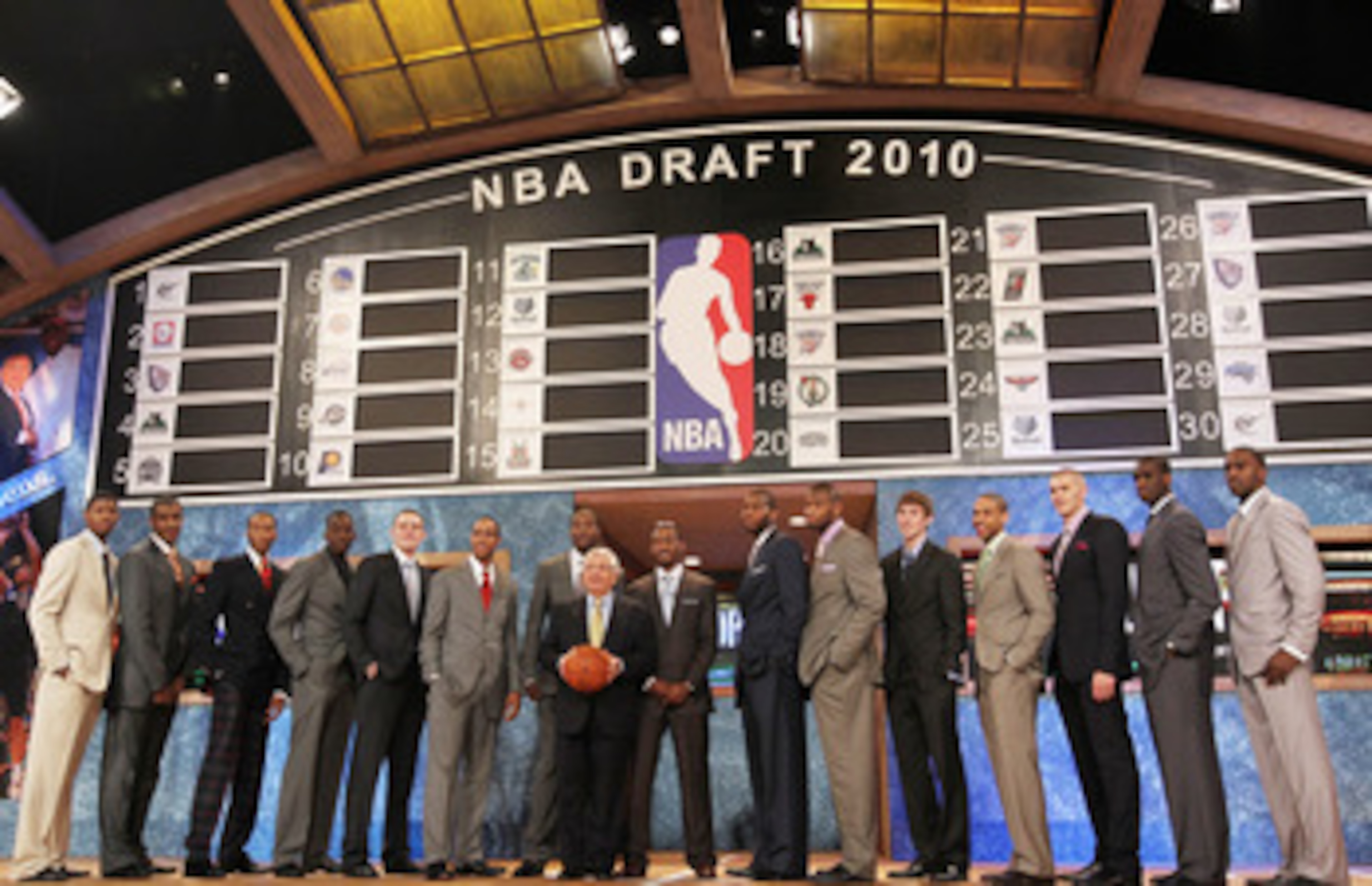 NEW YORK - JUNE 24:  NBA Draft prospects stand with NBA Commisioner David Stern prior to the NBA Draft at Madison Square Garden on June 24, 2010 in New York City. NOTE TO USER: User expressly acknowledges and agrees that, by downloading and or using this 