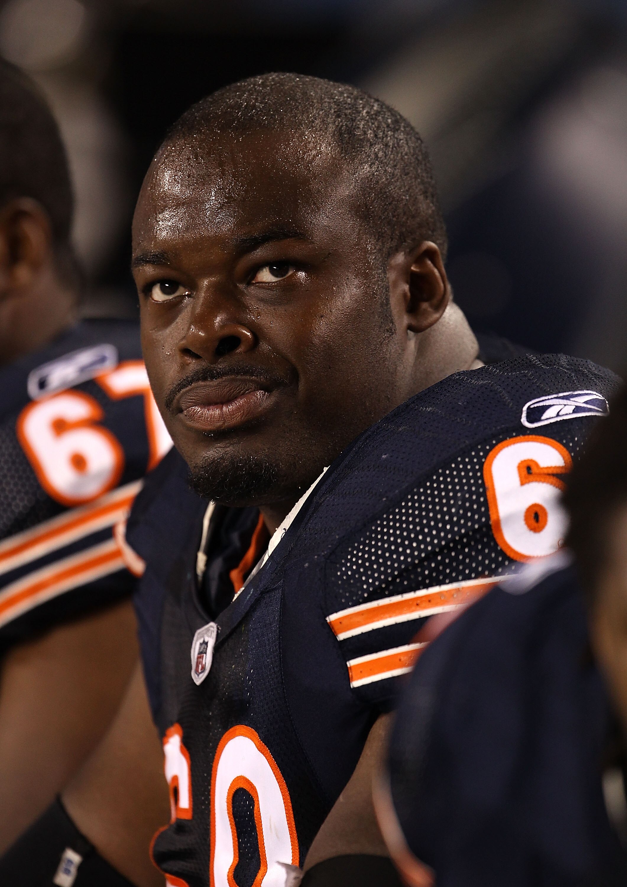 CHICAGO - AUGUST 21: Frank Omiyale #68 of the Chicago Bears sits on the bench during a preseason game against the Oakland Raiders at Soldier Field on August 21, 2010 in Chicago, Illinois. The Raiders defeated the Bears 32-17. (Photo by Jonathan Daniel/Get