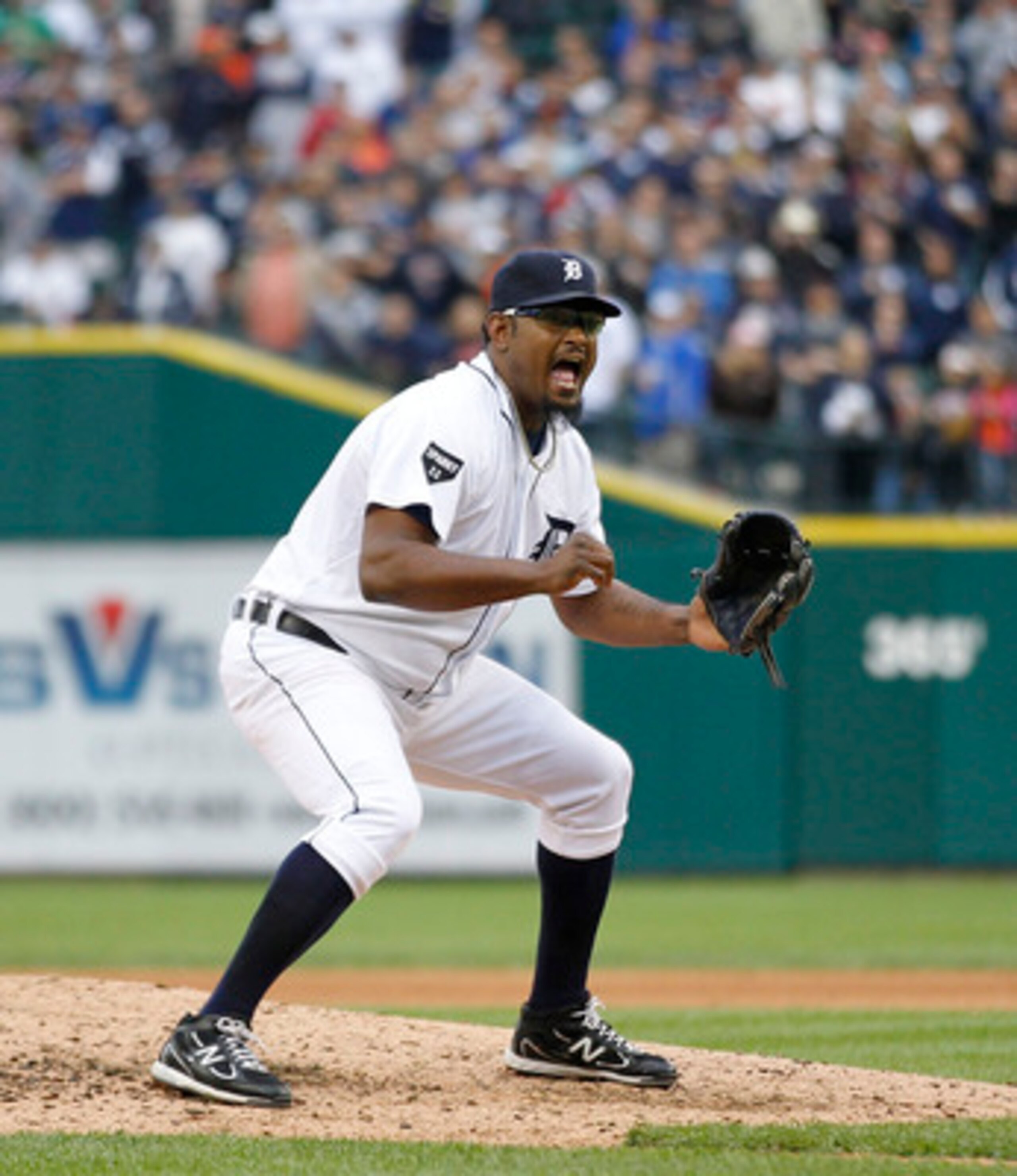 DETROIT, MI - MAY 14: Jose Valverde #46 of the Detroit Tigers celebrates a 3-0 win over the Kansas City Royals at Comerica Park on May 14, 2011 in Detroit, Michigan.  (Photo by Leon Halip/Getty Images)