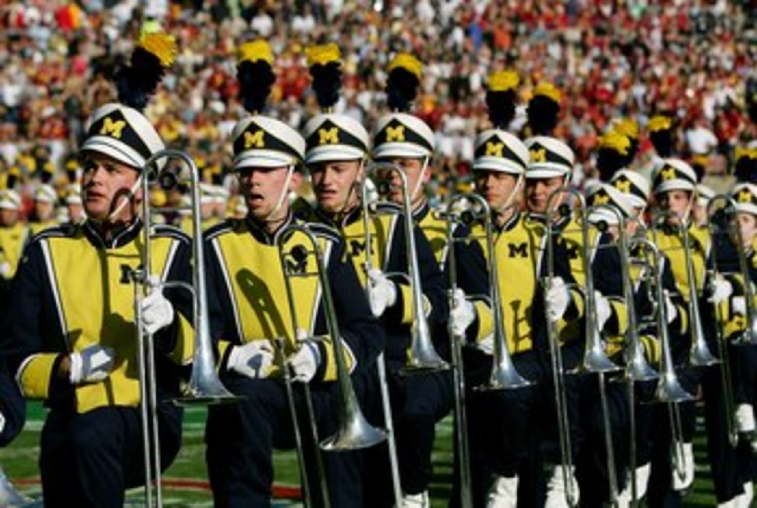 PASADENA, CA - JANUARY 01:  The Michigan Wolverines marching band performs before the Rose Bowl against the USC Trojans on January 1, 2007 at the Rose Bowl in Pasadena, California.  (Photo by Robert Laberge/Getty Images)