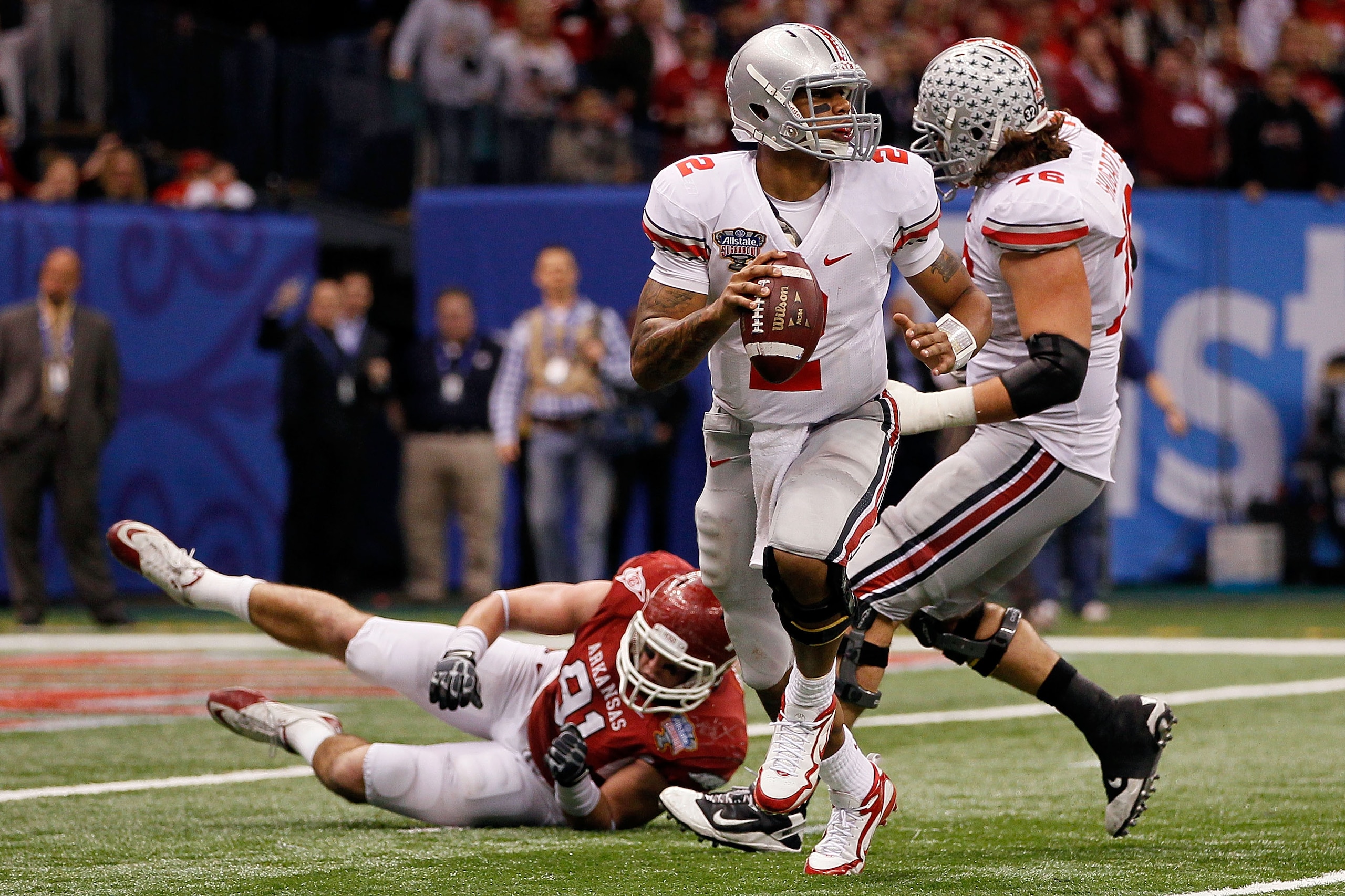 NEW ORLEANS, LA - JANUARY 04:  Quarterback Terrelle Pryor #2 of the Ohio State Buckeyes looks to run against the Arkansas Razorbacks during the Allstate Sugar Bowl at the Louisiana Superdome on January 4, 2011 in New Orleans, Louisiana.  (Photo by Kevin C