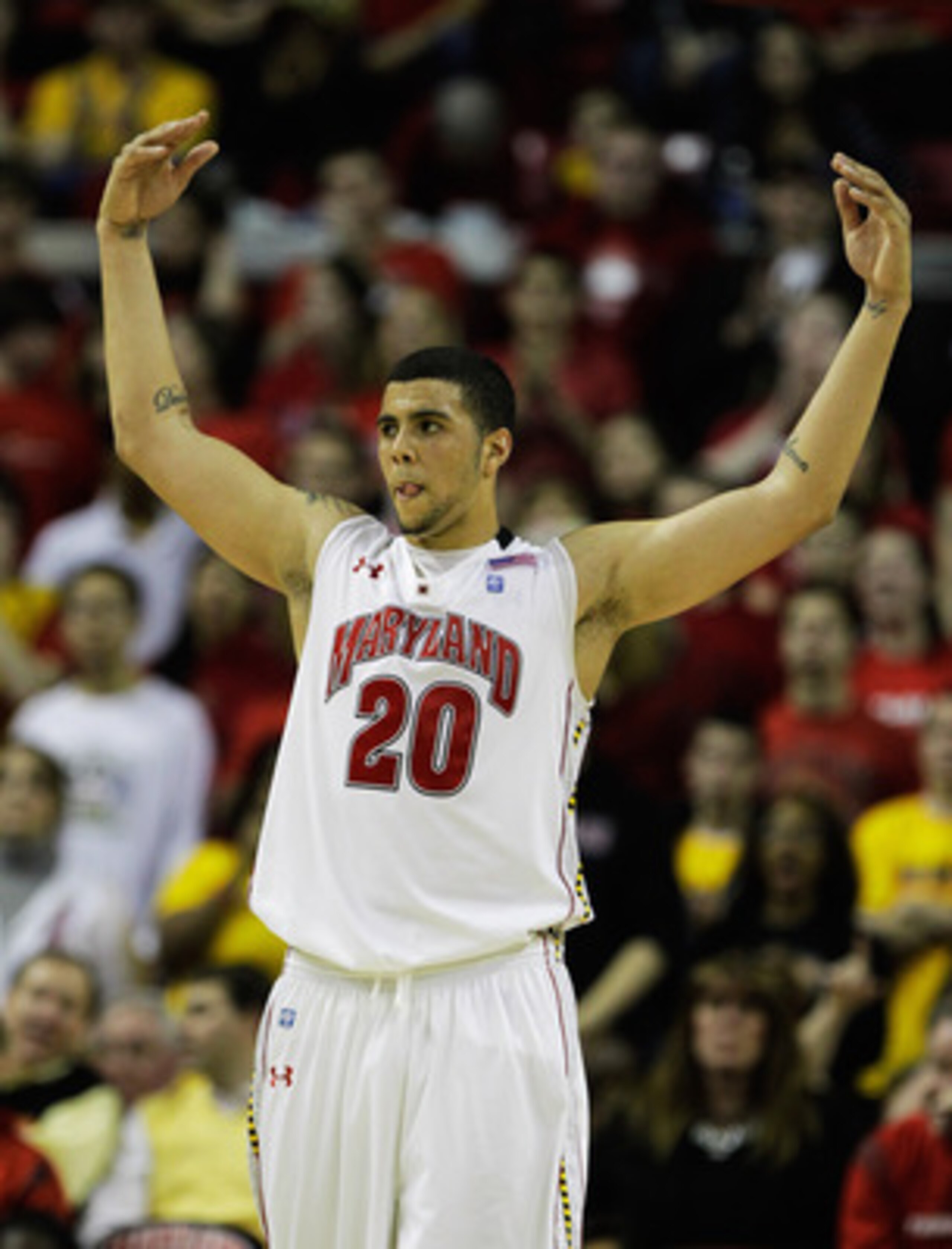 COLLEGE PARK, MD - FEBRUARY 20: Jordan Willaims #20 of the  Maryland Terrapins celebrates against the NC State Wolfpack at the Comcast Center on February 20, 2011 in College Park, Maryland.  (Photo by Rob Carr/Getty Images)