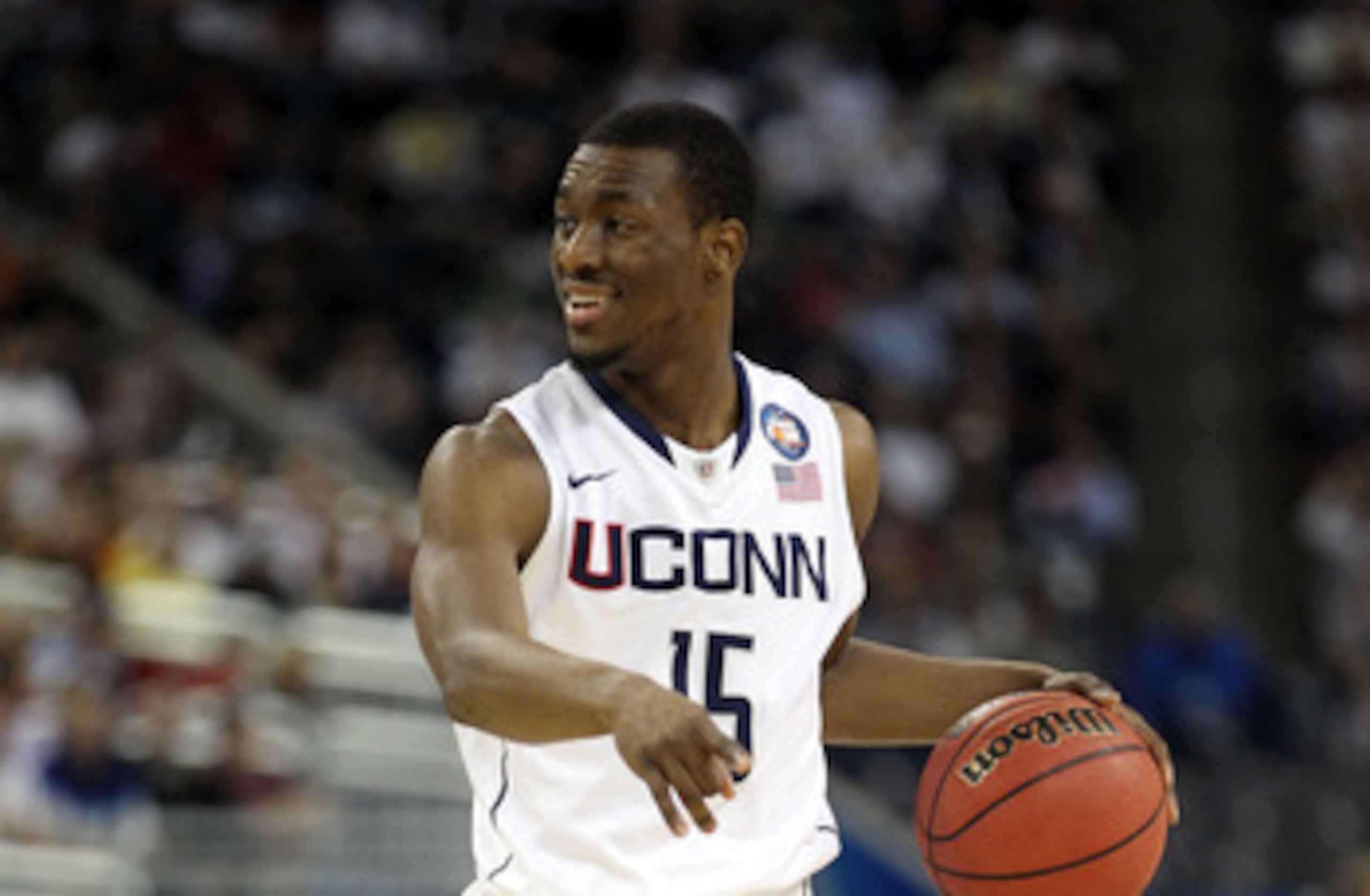 HOUSTON, TX - APRIL 04:  Kemba Walker #15 of the Connecticut Huskies handles the ball against the Butler Bulldogs during the National Championship Game of the 2011 NCAA Division I Men's Basketball Tournament at Reliant Stadium on April 4, 2011 in Houston,