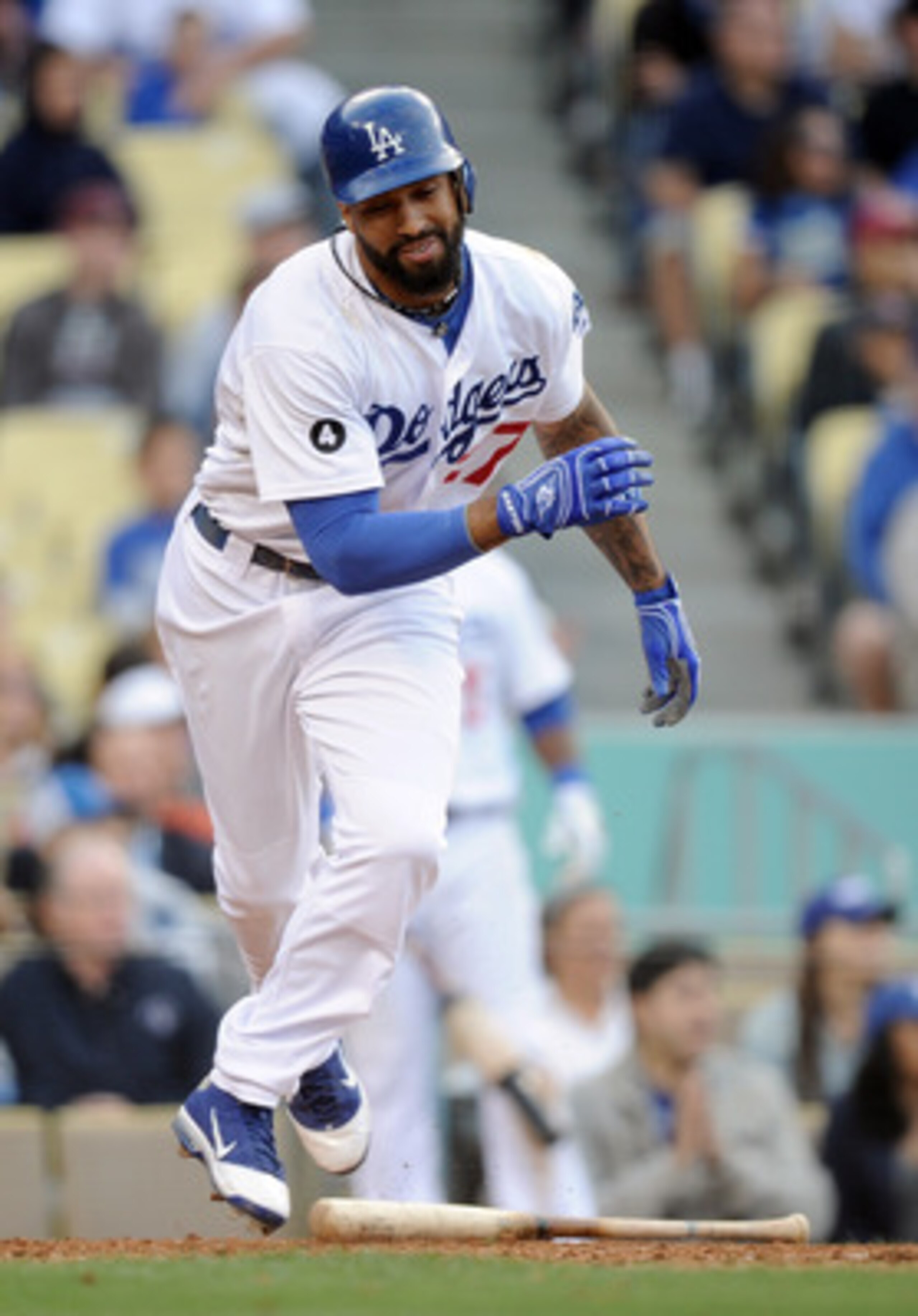 LOS ANGELES, CA - MAY 14:  Matt Kemp #27 of the Los Angeles Dodgers reacts at the plate as he hits a grounder to short to start a game ending double play against the Arizona Diamondbacks during the ninth inning at Dodger Stadium on May 14, 2011 in Los Ang