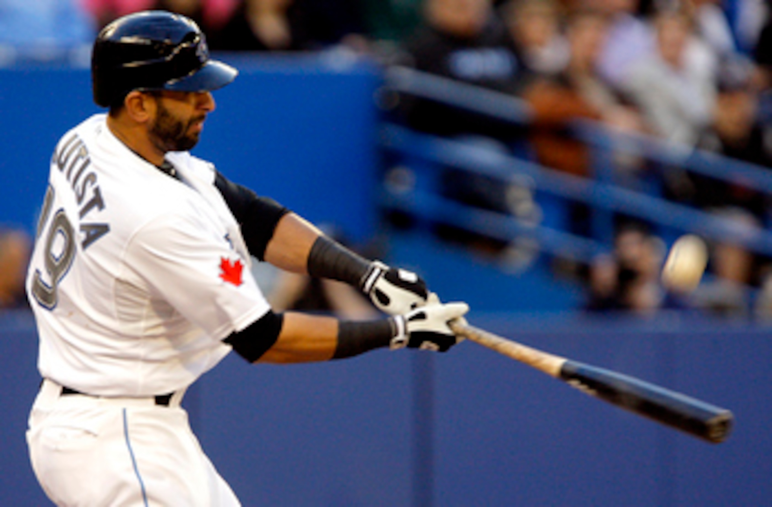 TORONTO, CANADA - MAY 9:  Jose Bautista #19 of the Toronto Blue Jays hits during MLB action against the Detroit Tigers at the Rogers Centre May 9, 2011 in Toronto, Ontario, Canada. (Photo by Abelimages/Getty Images)