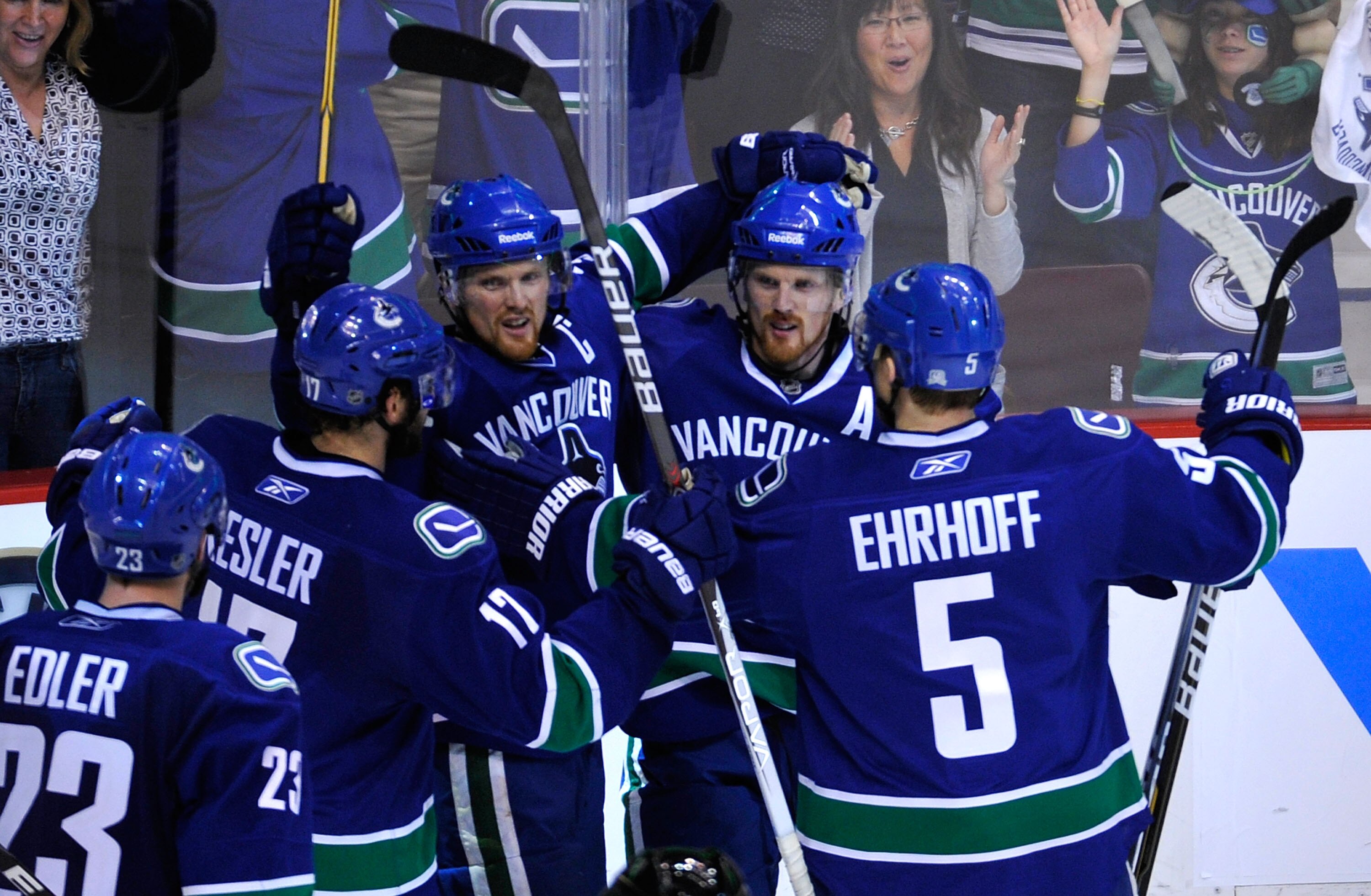 VANCOUVER, CANADA - MAY 18: (L-R) Alexander Edler #23, Ryan Kesler #17, Henrik Sedin #33, Daniel Sedin #22 and Christian Ehrhoff #5 of the Vancouver Canucks celebrate Daniel Sedin's goal in the third period against the San Jose Sharks in Game Two of the VANCOUVER, CANADA - MAY 18: (L-R) Alexander Edler #23, Ryan Kesler #17, Henrik Sedin #33, Daniel Sedin #22 and Christian Ehrhoff #5 of the Vancouver Canucks celebrate Daniel Sedin's goal in the third period against the San Jose Sharks in Game Two of the