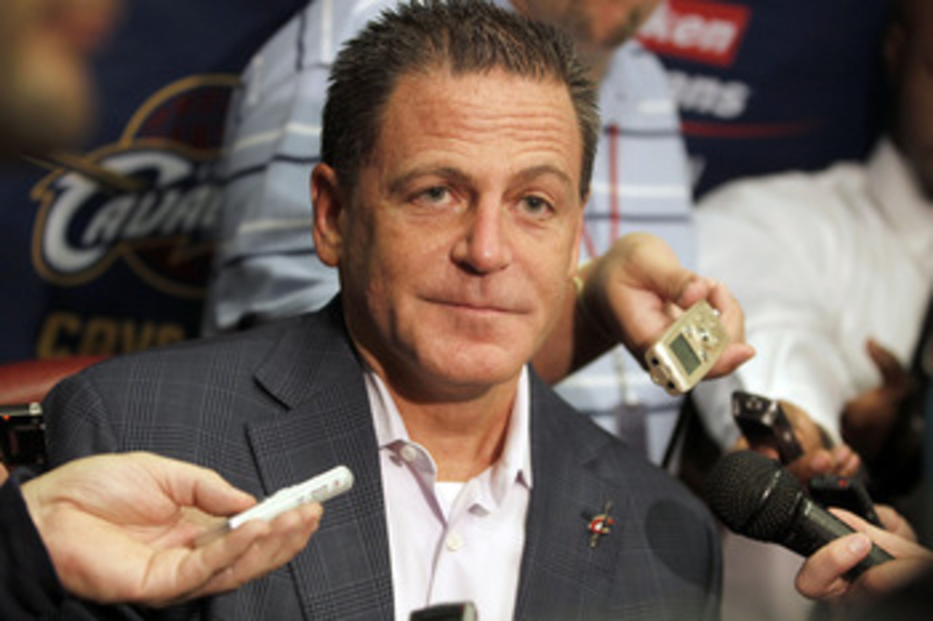 CLEVELAND - OCTOBER 27:  Majority owner Dan Gilbert of the Cleveland Cavaliers talks to the media prior to playing the Boston Celtics in the Cavaliers 2010 home opner at Quicken Loans Arena on October 27, 2010 in Cleveland, Ohio.  NOTE TO USER: User expre