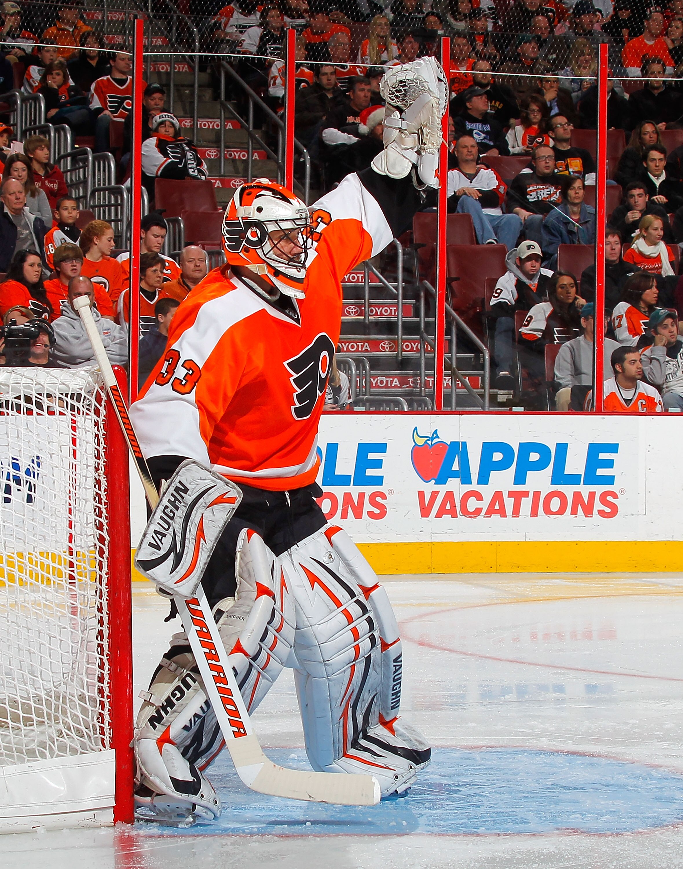 PHILADELPHIA, PA - DECEMBER 20: Brian Boucher #33 of the Philadelphia Flyers signals for an icing call in a hockey game against the Florida Panthers at the Wells Fargo Center on December 20, 2010 in Philadelphia, Pennsylvania. (Photo by Paul Bereswill/ PHILADELPHIA, PA - DECEMBER 20: Brian Boucher #33 of the Philadelphia Flyers signals for an icing call in a hockey game against the Florida Panthers at the Wells Fargo Center on December 20, 2010 in Philadelphia, Pennsylvania. (Photo by Paul Bereswill/