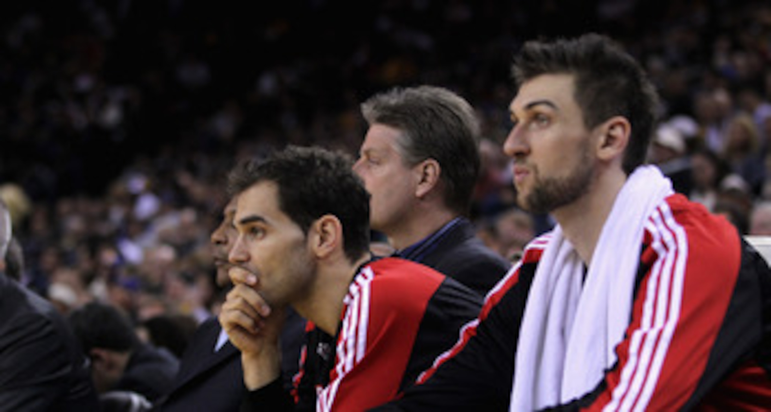 OAKLAND, CA - MARCH 25: Jose Calderon #8 of the Toronto Raptors sits on the bench during their loss to the Golden State Warriors at Oracle Arena on March 25, 2011 in Oakland, California. NOTE TO USER: User expressly acknowledges and agrees that, by downlo