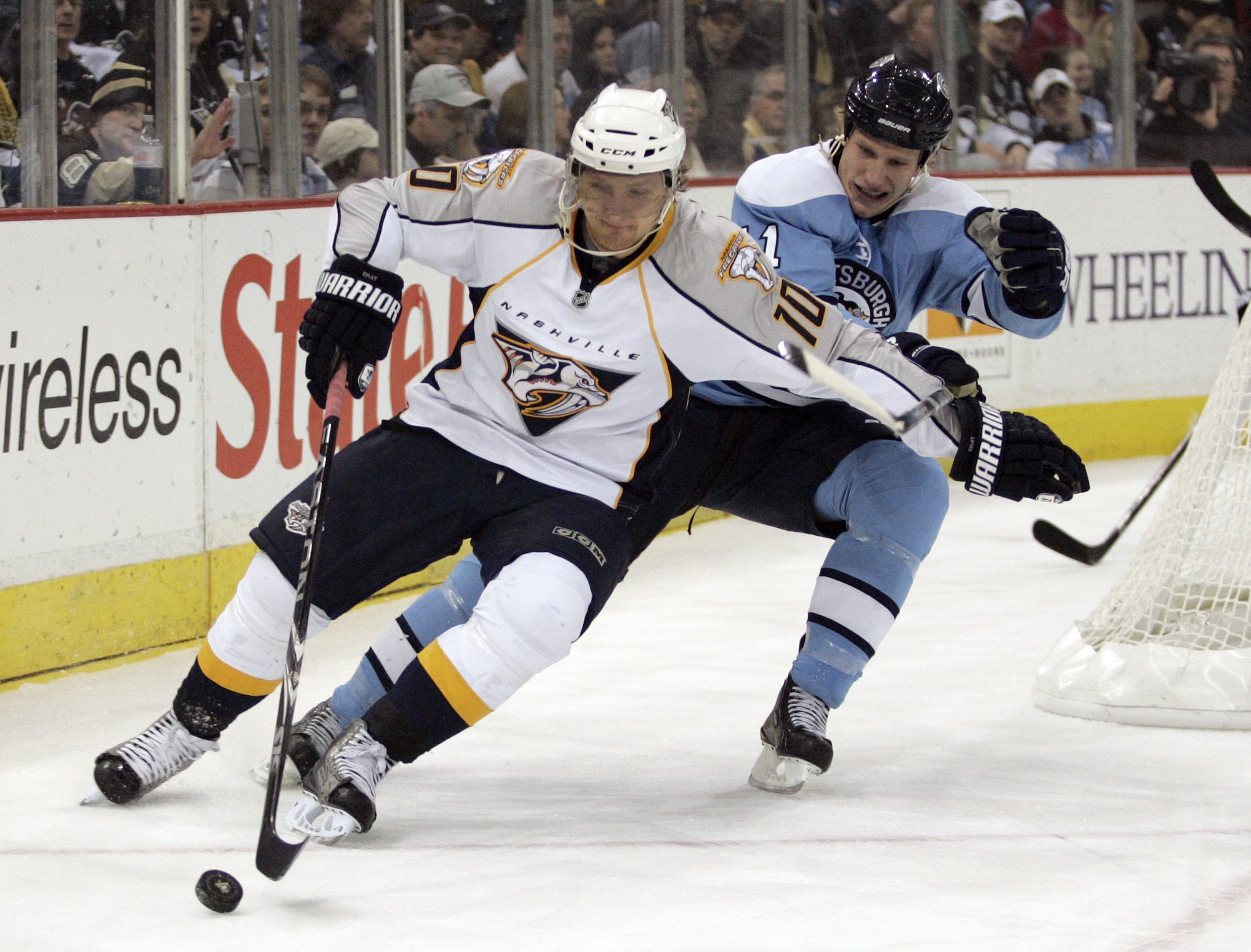 PITTSBURGH - FEBRUARY 14: Martin Erat #10 of the Nashville Predators shields the puck from Jordan Staal #11 of the Pittsburgh Penguins at Mellon Arena on February 14, 2010 in Pittsburgh, Pennsylvania. The Predators defeated the Penguins 4-3 in shootout PITTSBURGH - FEBRUARY 14: Martin Erat #10 of the Nashville Predators shields the puck from Jordan Staal #11 of the Pittsburgh Penguins at Mellon Arena on February 14, 2010 in Pittsburgh, Pennsylvania. The Predators defeated the Penguins 4-3 in shootout