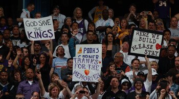 SACRAMENTO, CA - APRIL 13: Fans of the Sacramento Kings cheer against the Los Angeles Lakers on April 13, 2011 at Power Balence Pavilion in Sacramento, California. NOTE TO USER: User expressly acknowledges and agrees that, by downloading and/or using this