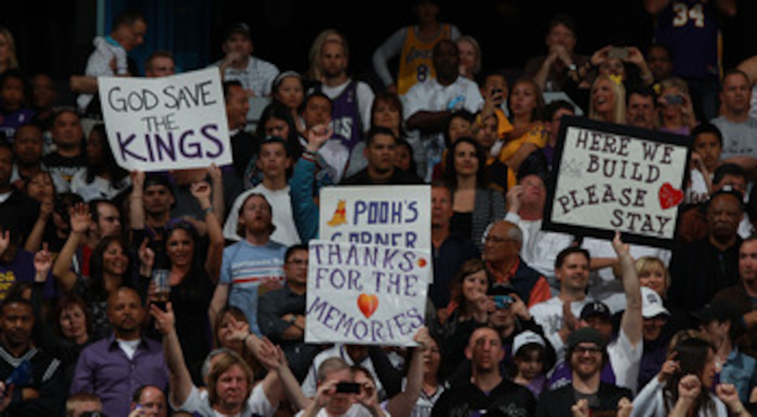 SACRAMENTO, CA - APRIL 13: Fans of the Sacramento Kings cheer against the Los Angeles Lakers on April 13, 2011 at Power Balence Pavilion in Sacramento, California. NOTE TO USER: User expressly acknowledges and agrees that, by downloading and/or using this