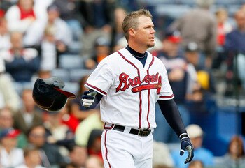 ATLANTA, GA - MAY 17:  Chipper Jones #10 of the Atlanta Braves tosses his helmet after striking out in the eighth inning against the Houston Astros at Turner Field on May 17, 2011 in Atlanta, Georgia.  (Photo by Kevin C. Cox/Getty Images)