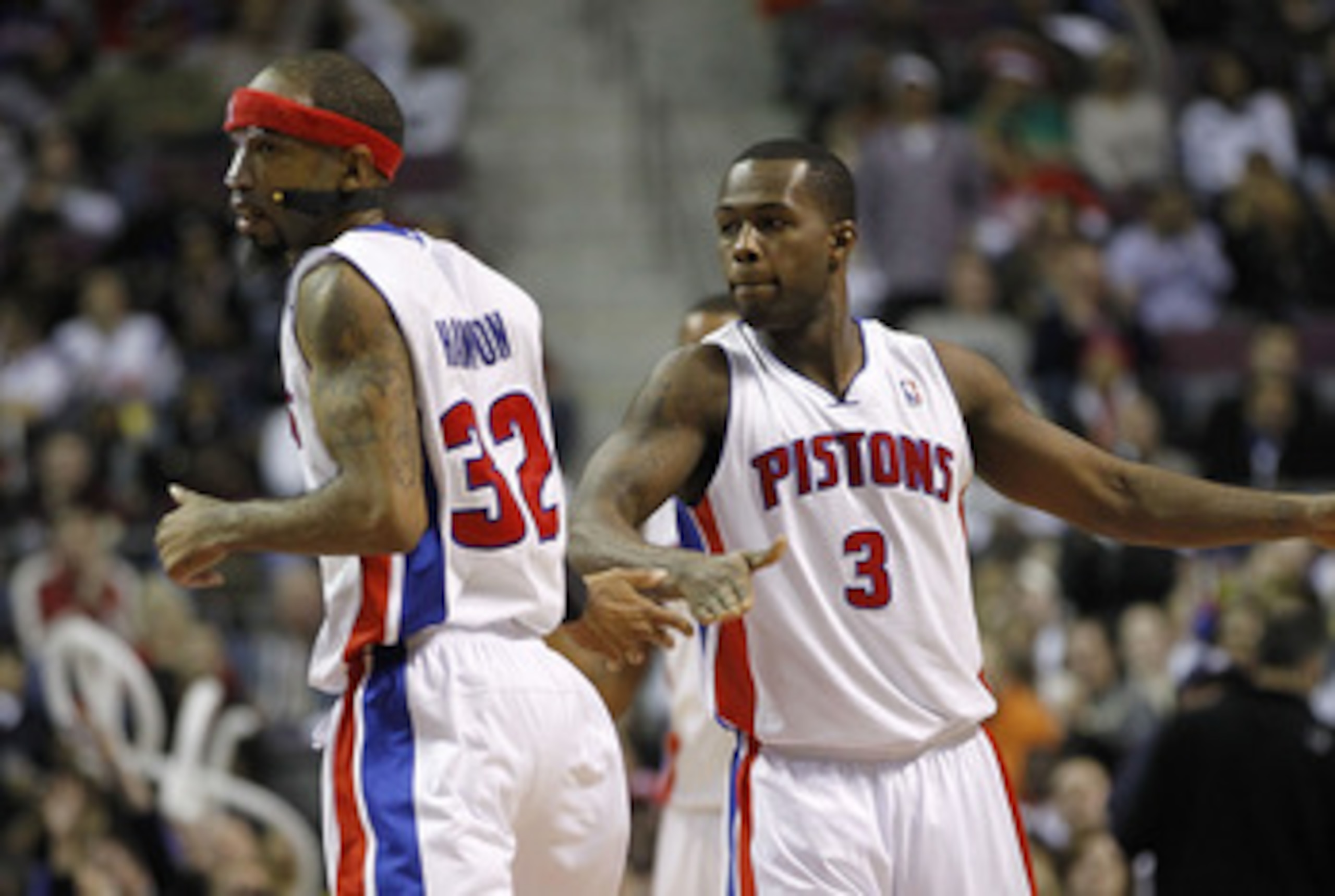 AUBURN HILLS, MI - MARCH 23:  Richard Hamilton #32 of the Detroit Pistons celebrates a three-point basket with teammate Rodney Stuckey #3 while playing the Miami Heat at The Palace of Auburn Hills on March 23, 2011 in Auburn Hills, Michigan. Miami won the