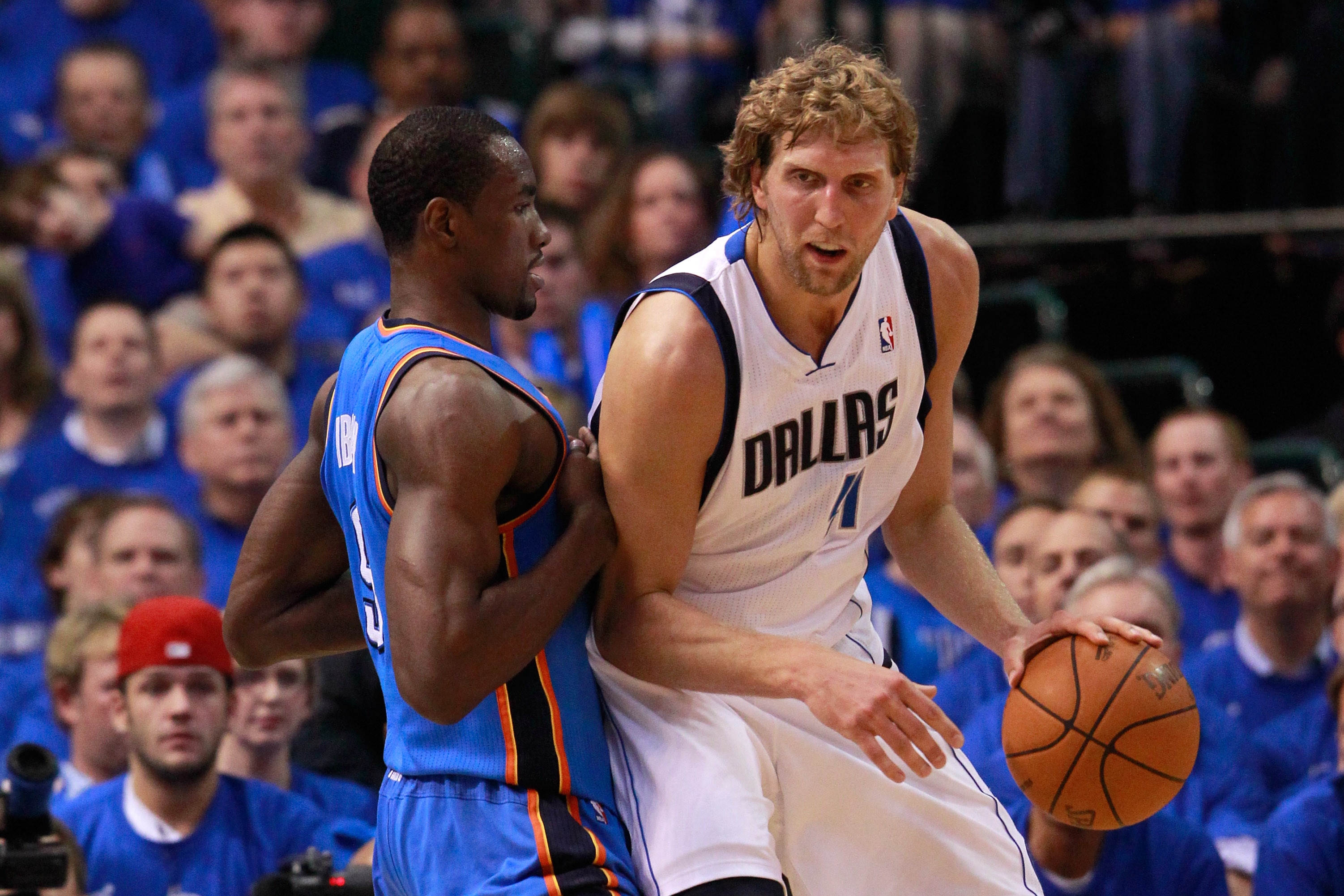 DALLAS, TX - MAY 17: Dirk Nowitzki #41 of the Dallas Mavericks posts up Serge Ibaka #9 of the Oklahoma City Thunder in the first quarter in Game One of the Western Conference Finals during the 2011 NBA Playoffs at American Airlines Center on May 17, 2011 DALLAS, TX - MAY 17: Dirk Nowitzki #41 of the Dallas Mavericks posts up Serge Ibaka #9 of the Oklahoma City Thunder in the first quarter in Game One of the Western Conference Finals during the 2011 NBA Playoffs at American Airlines Center on May 17, 2011