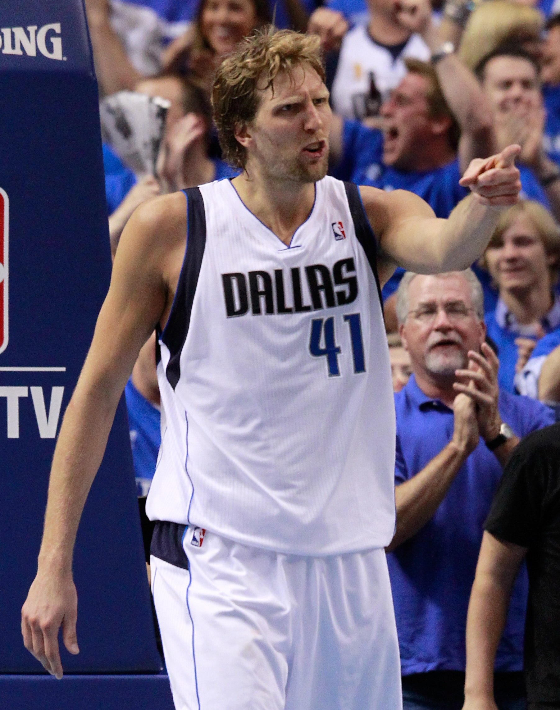 DALLAS, TX - MAY 17: Dirk Nowitzki #41 of the Dallas Mavericks reacts in the first half while taking on the Oklahoma City Thunder in Game One of the Western Conference Finals during the 2011 NBA Playoffs at American Airlines Center on May 17, 2011 in Dal DALLAS, TX - MAY 17: Dirk Nowitzki #41 of the Dallas Mavericks reacts in the first half while taking on the Oklahoma City Thunder in Game One of the Western Conference Finals during the 2011 NBA Playoffs at American Airlines Center on May 17, 2011 in Dal